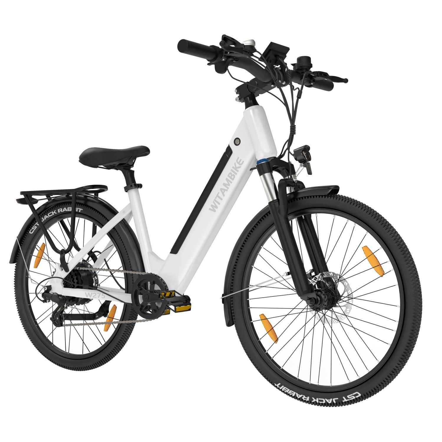 Biały rower elektryczny z czarnymi oponami, siodełkiem i bagażnikiem, na białym tle.