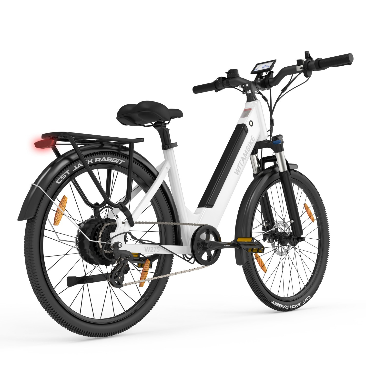 Biały rower elektryczny z czarnym bagażnikiem, czerwonym światłem tylnym i wyświetlaczem.