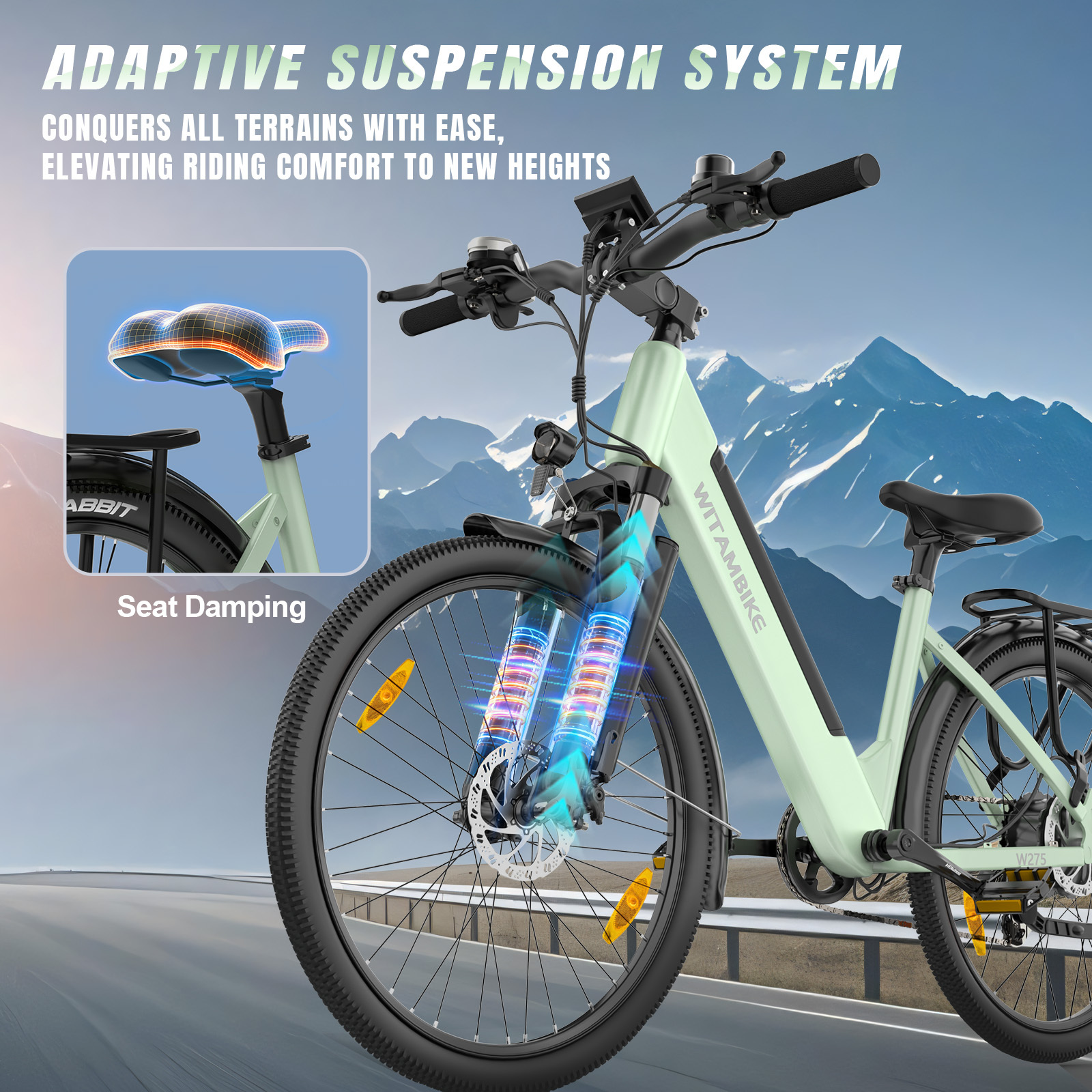 Jasnozielony e-rower z amortyzacją widelca i siodła, w tle krajobraz górski.