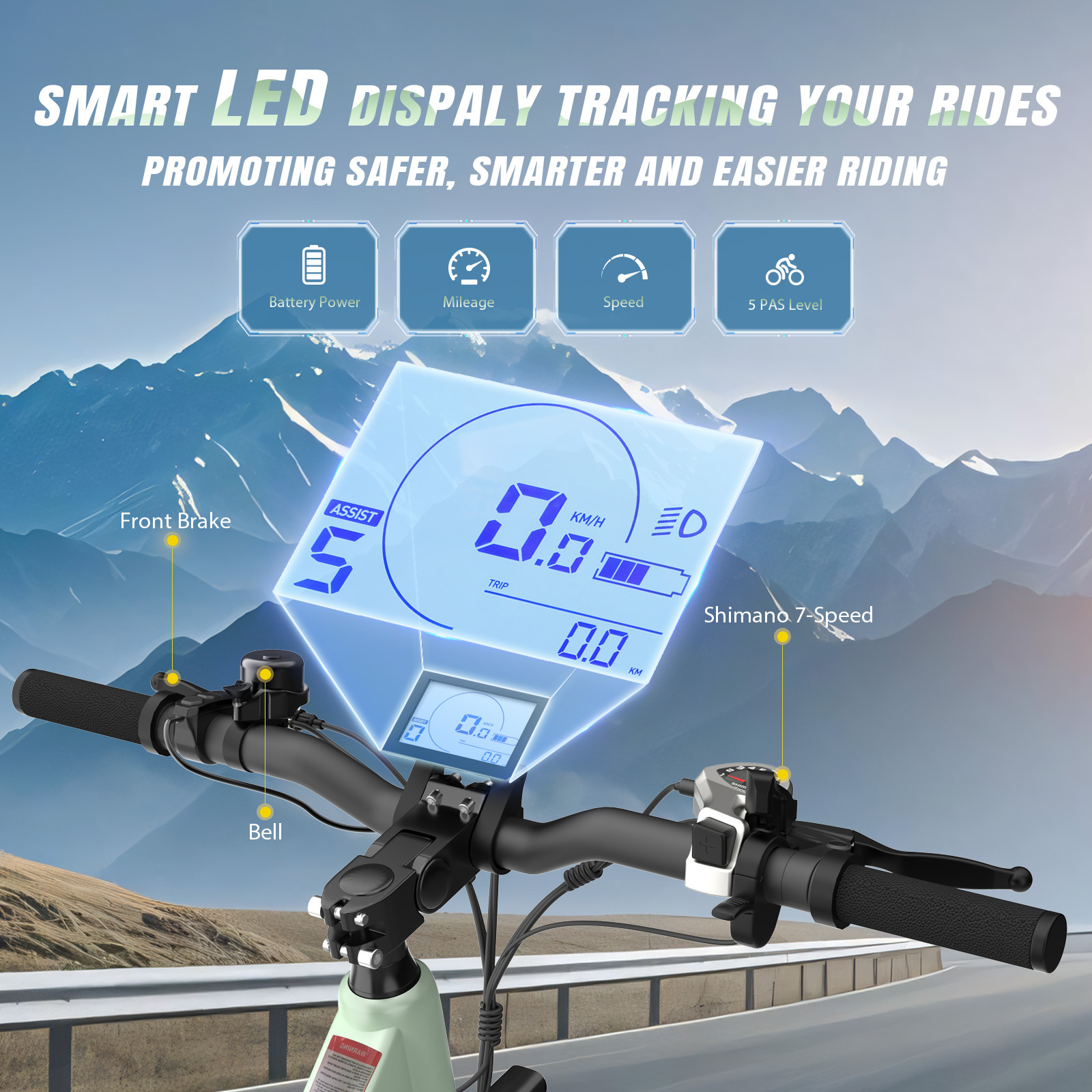 Kierownica roweru elektrycznego z cyfrowym wyświetlaczem pokazującym prędkość, baterię i poziom wspomagania.