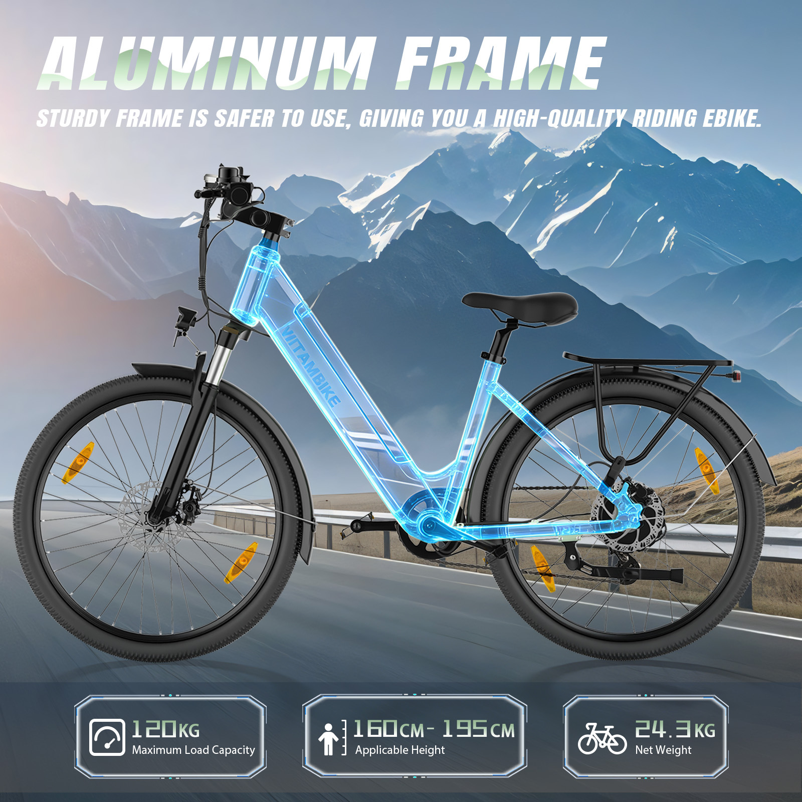 Niebieski, świecący e-bike z aluminiową ramą przed ośnieżonymi górami.