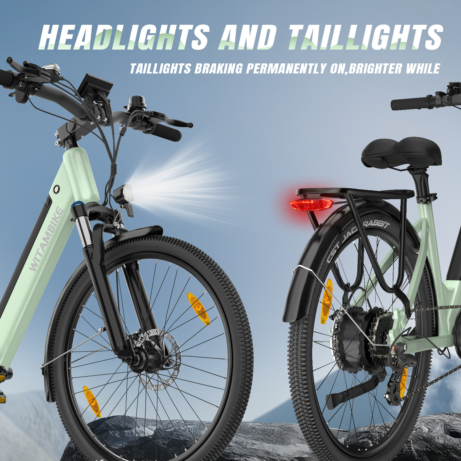 Dwa jasnozielone rowery z przednimi i tylnymi światłami, jeden z podświetlanym reflektorem.