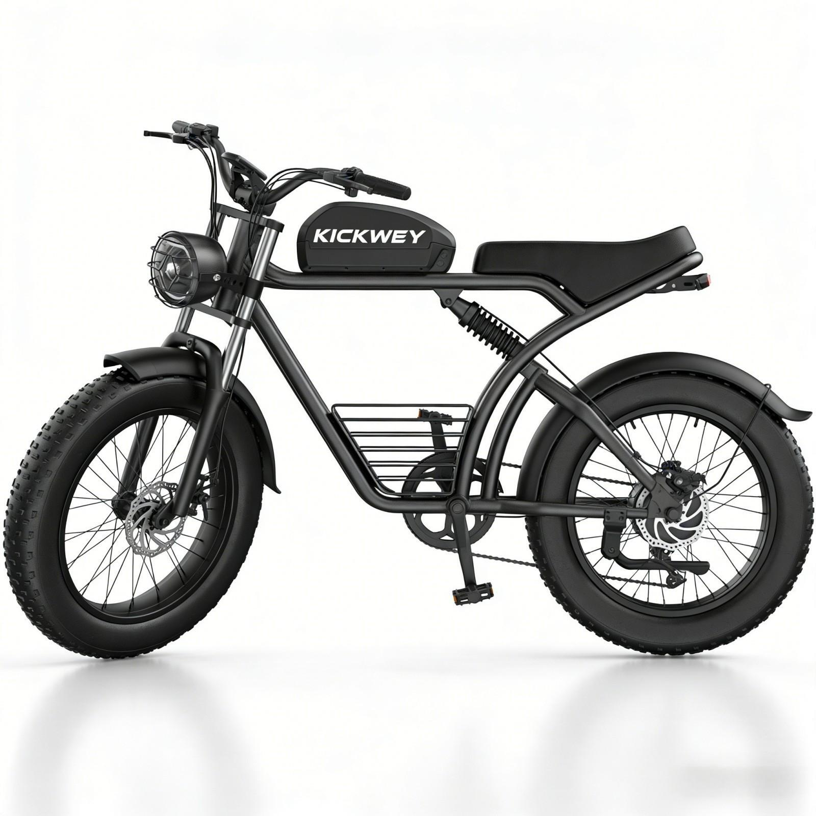 Czarny rower elektryczny z grubymi oponami, amortyzacją i logo KICKWEY.
