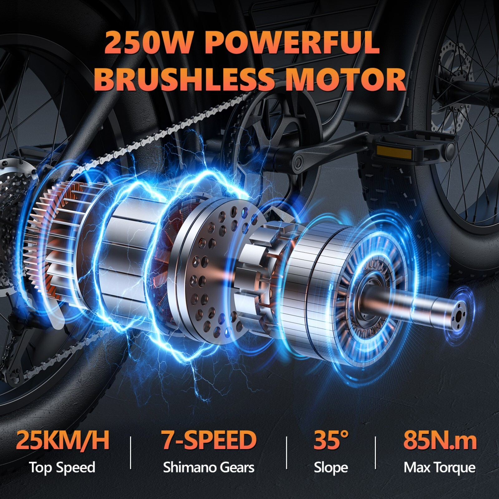 Mocny silnik bezszczotkowy 250W, 7 biegów, 25 km/h, nachylenie 35°, 85 Nm.