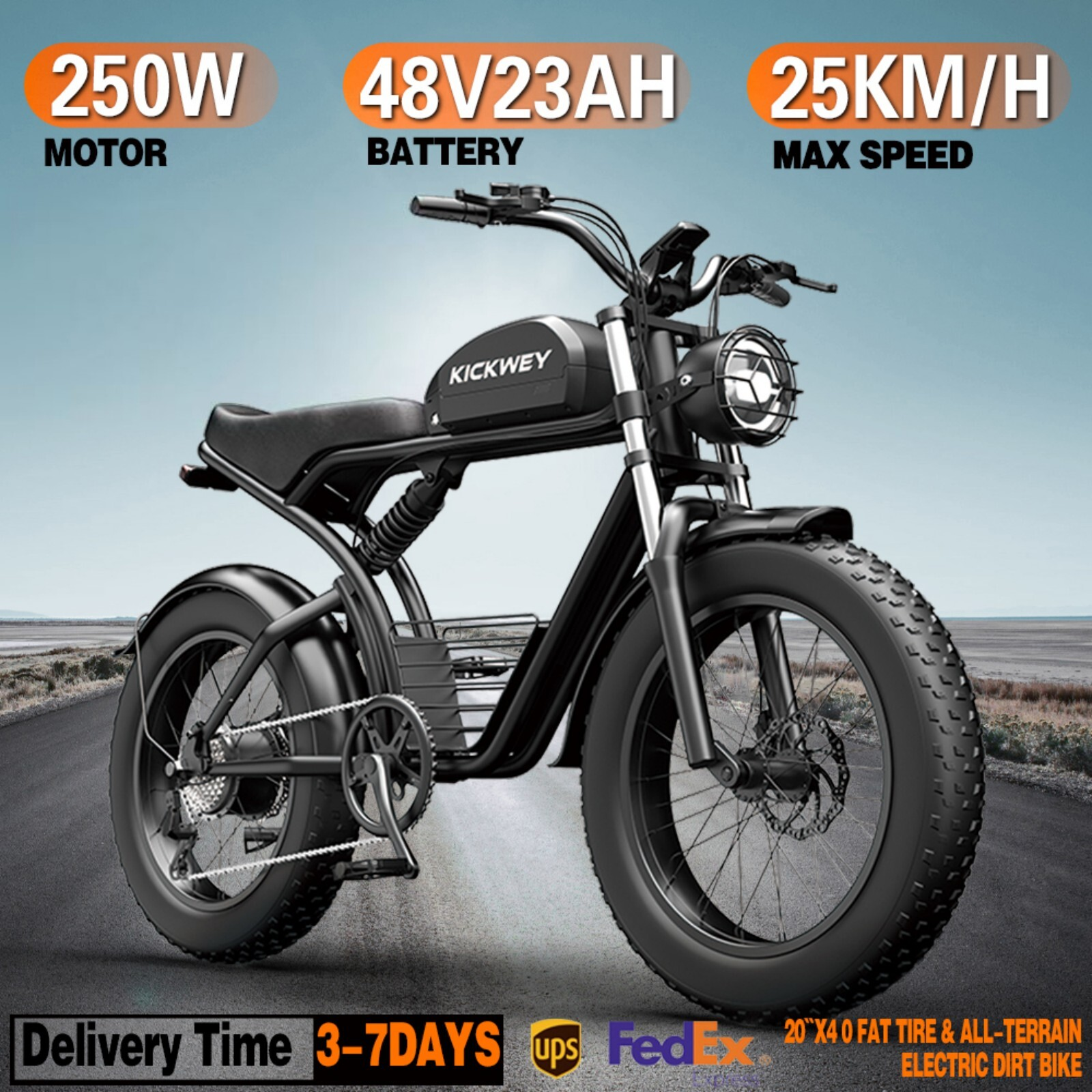 Czarny elektryczny rower typu dirt bike, grube opony, silnik 250W, bateria 48V.