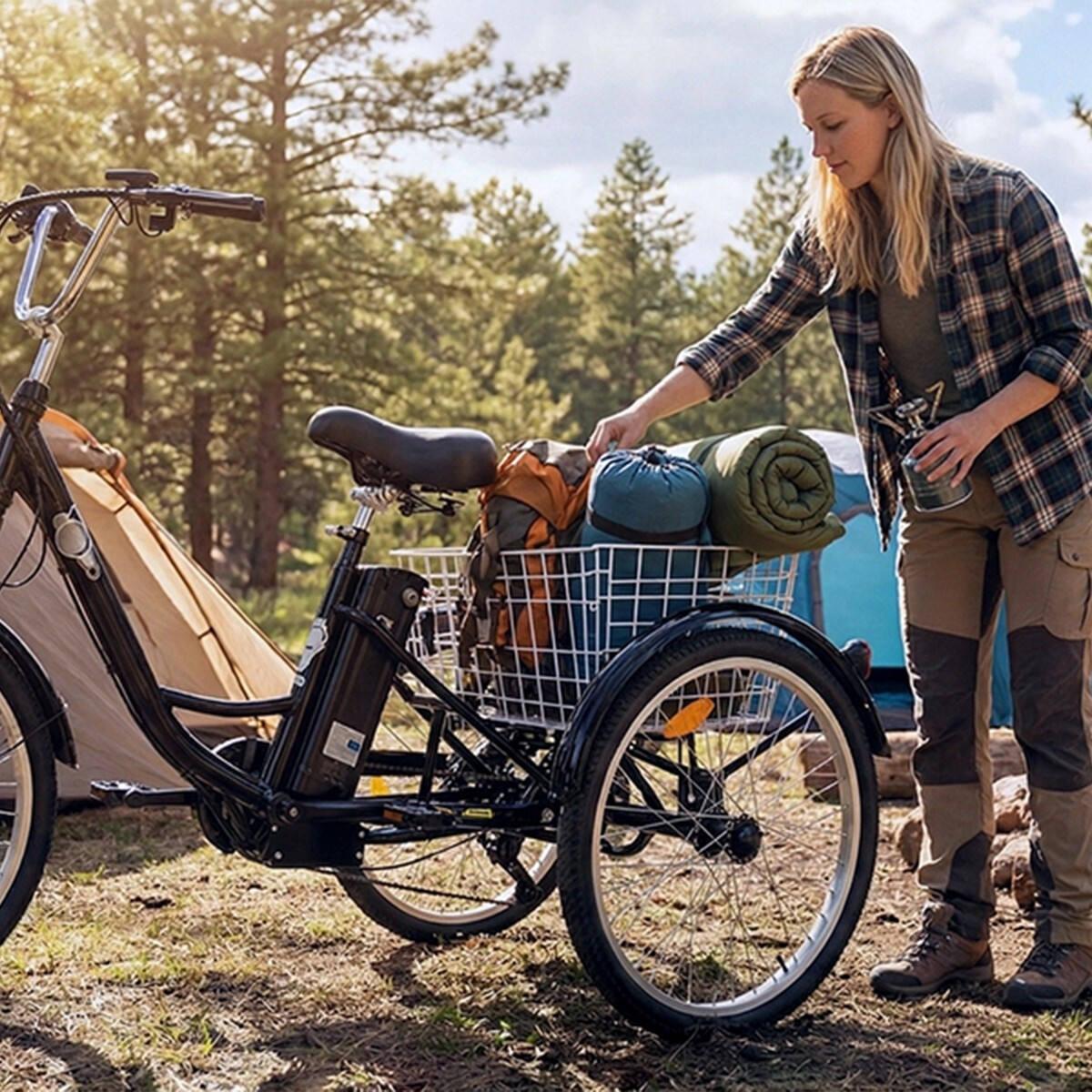 Kobieta pakuje sprzęt kempingowy do kosza na trójkołowcu w lesie.