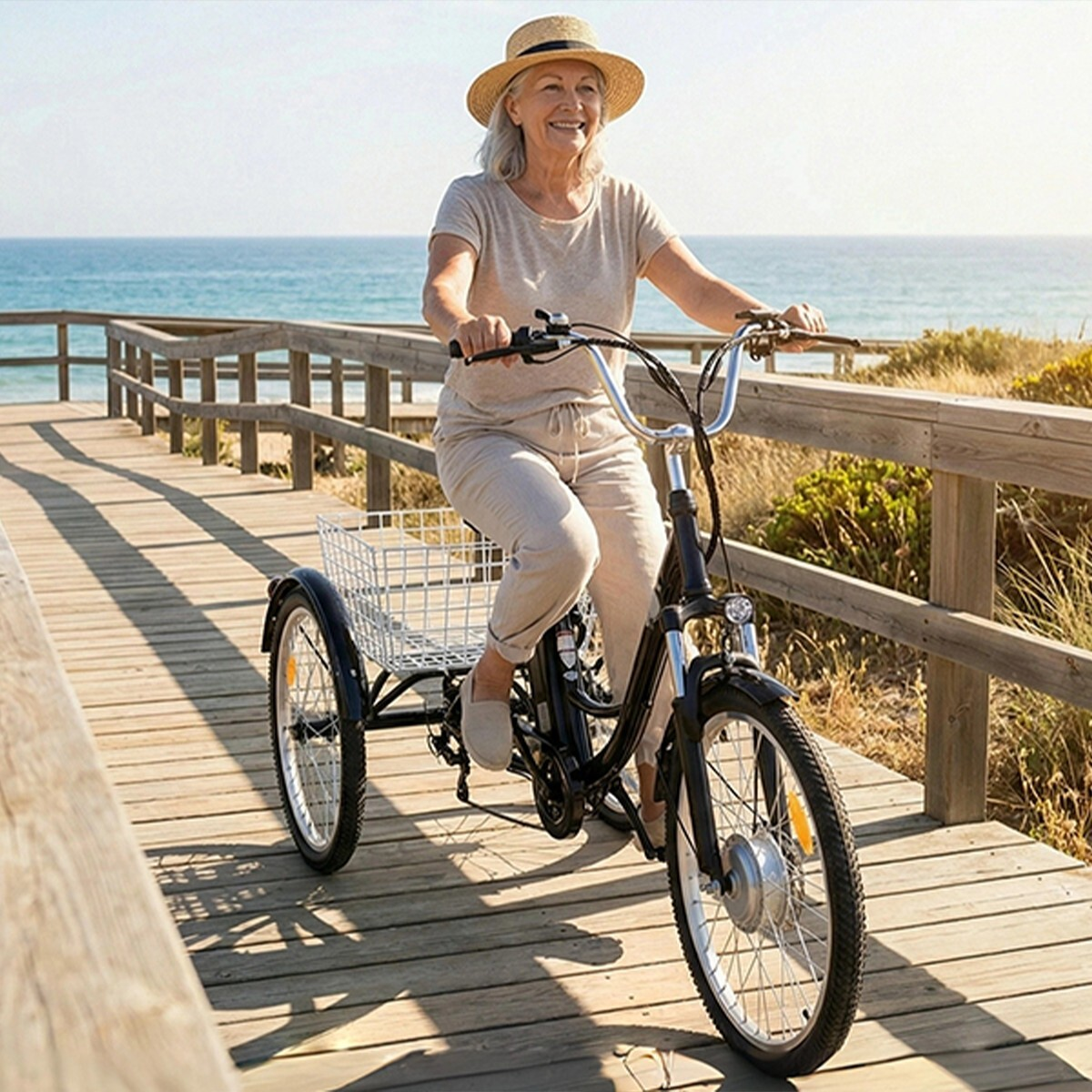 Kobieta w kapeluszu jedzie trójkołowcem po drewnianej promenadzie nad morzem.
