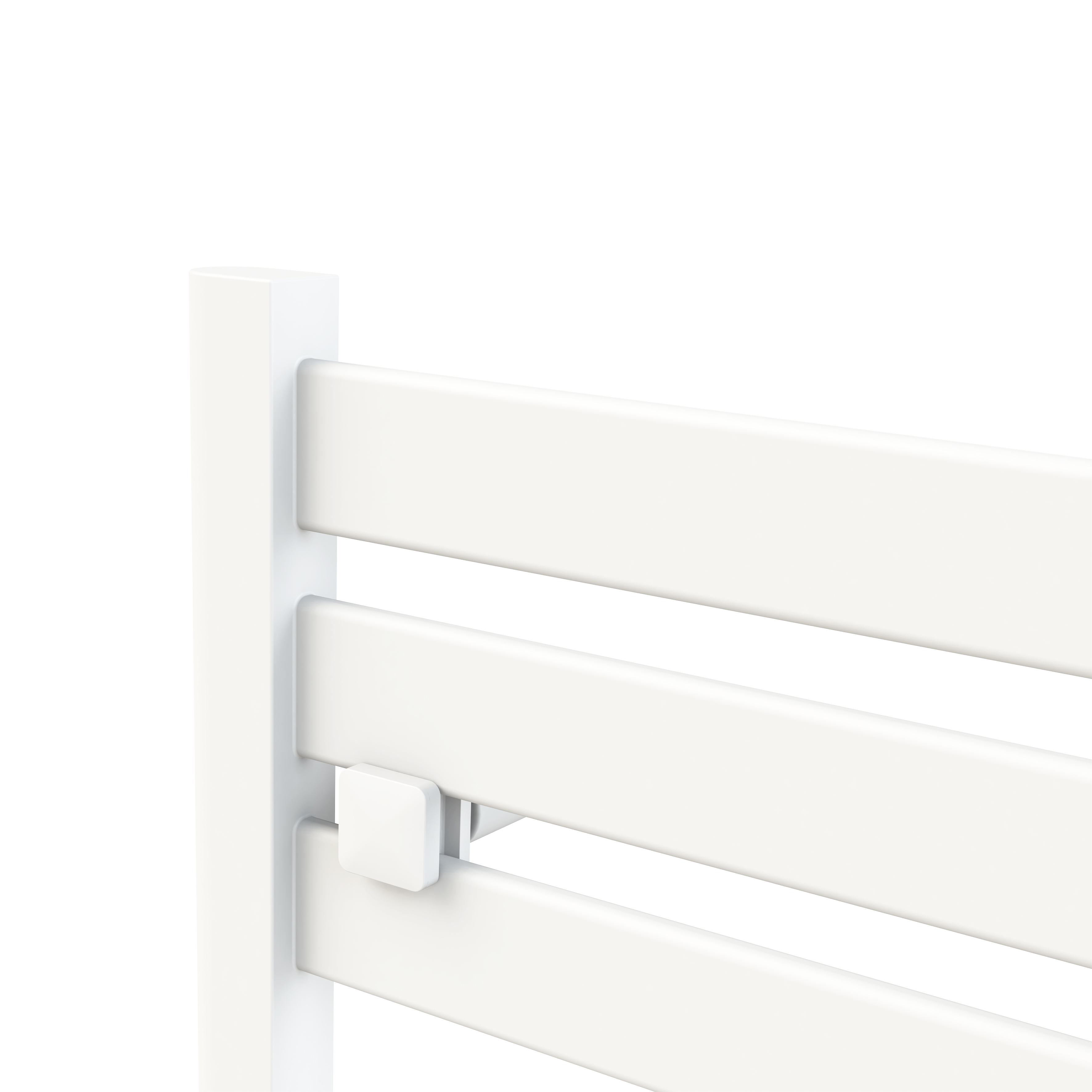 Primer plano de un radiador blanco con barras horizontales y marco vertical.