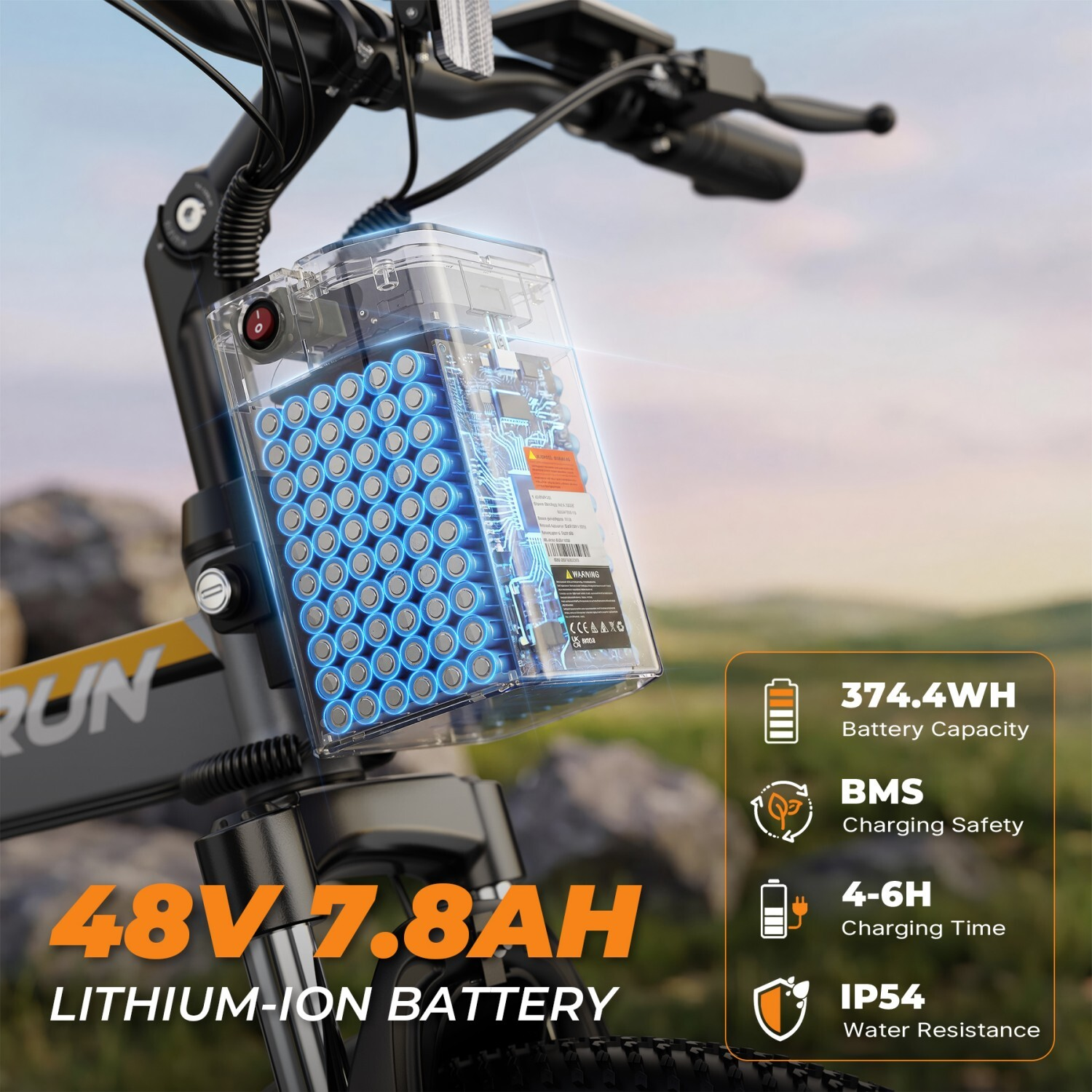 Bateria roweru elektrycznego 48V 7,8AH, 374,4WH, BMS, ładowanie 4-6H, IP54.