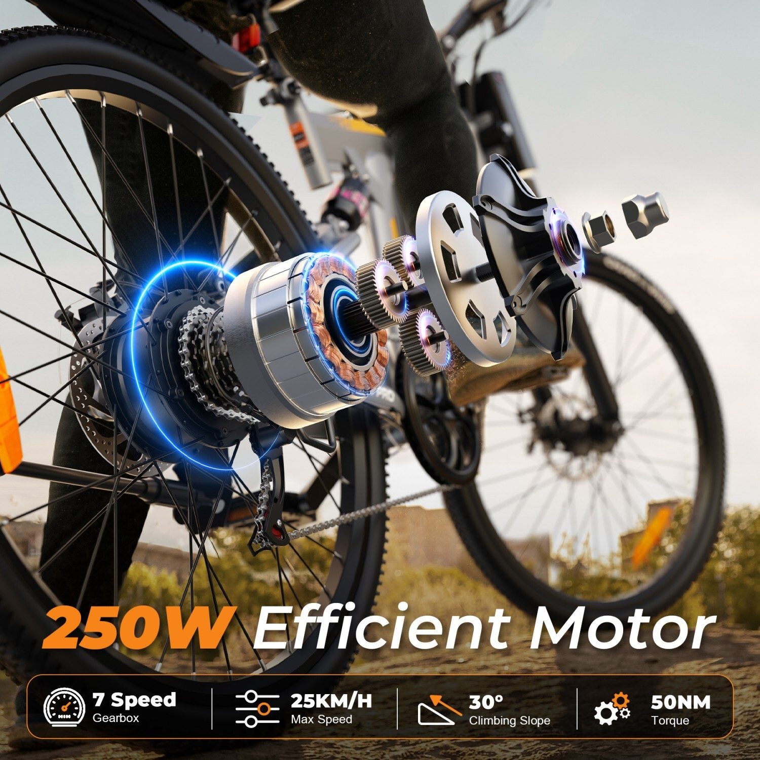 Zbliżenie silnika roweru elektrycznego, moc 250W, 7 biegów, 25 km/h, nachylenie 30°, 50NM.