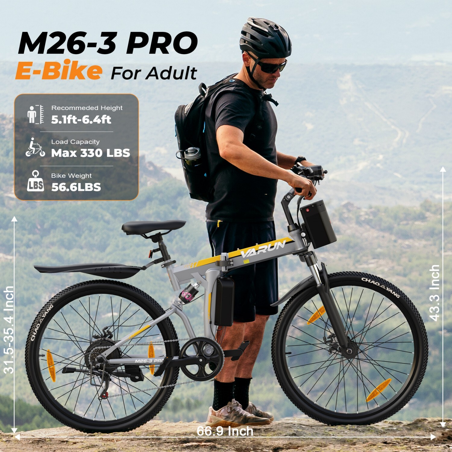 Mężczyzna w kasku stoi obok szarego roweru elektrycznego. Wymienione specyfikacje: wzrost, ładowność, waga.