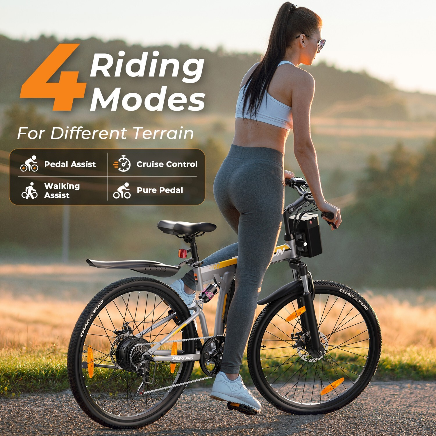 Kobieta z rowerem na zewnątrz, tekst szczegółowo opisuje 4 tryby jazdy: Wspomaganie pedałowania, Tempomat, Wspomaganie chodzenia, Czysty pedał.