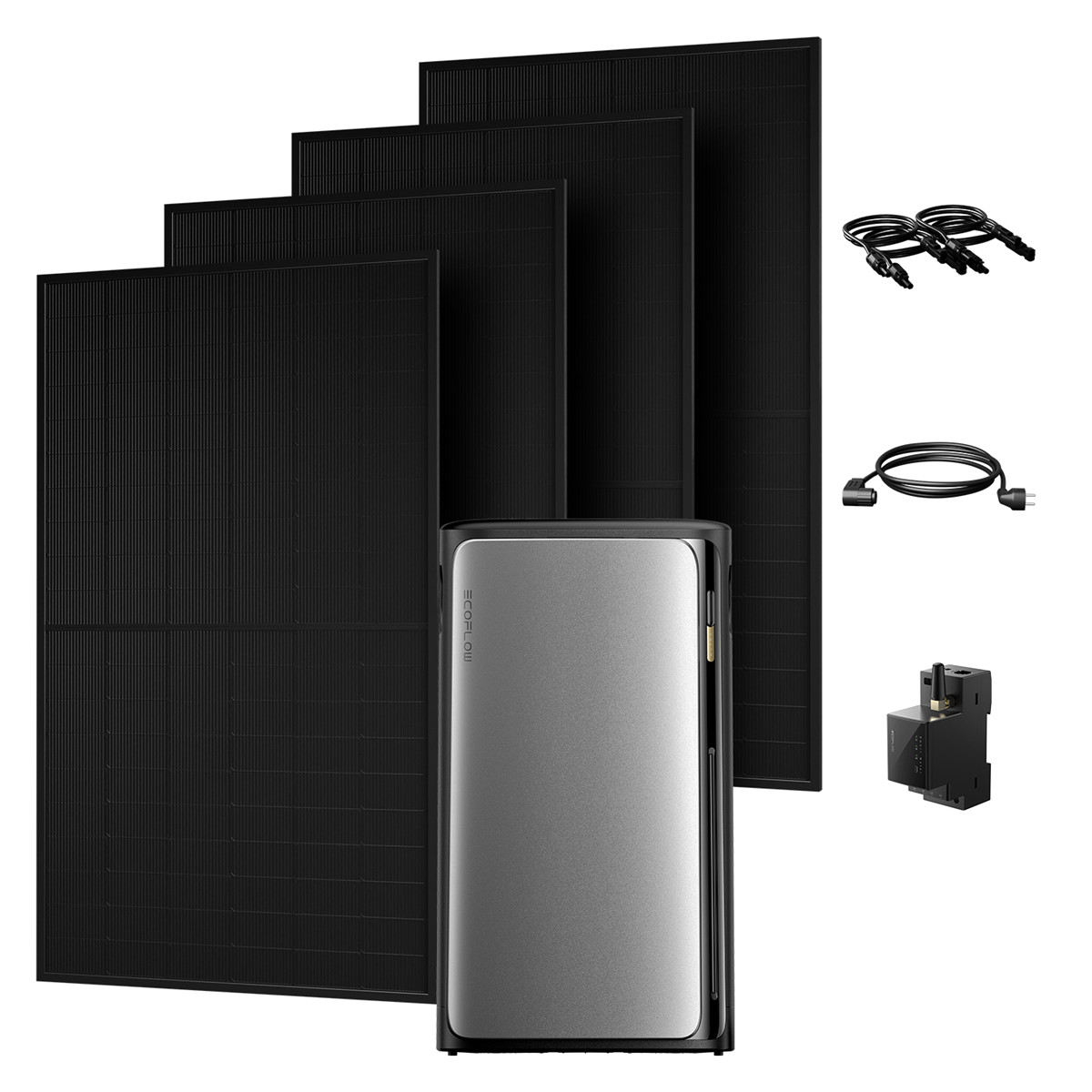Vier schwarze Solarmodule, eine silberne Powerstation, Kabel und ein schwarzer Adapter.