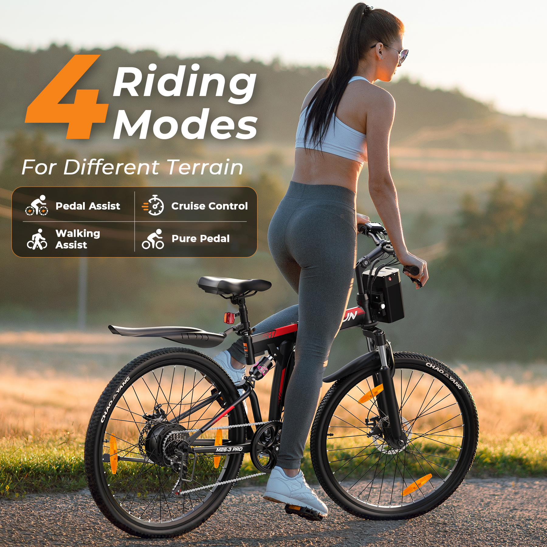 Kobieta jedzie rowerem elektrycznym na zewnątrz. Wyświetlane są 4 tryby jazdy.