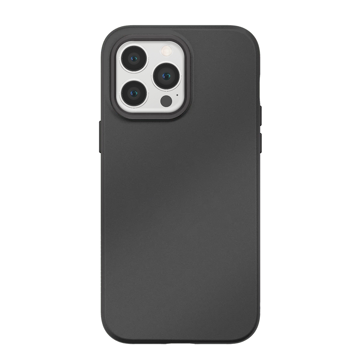Custodia nera per telefono con triplo ritaglio per fotocamera sul retro.