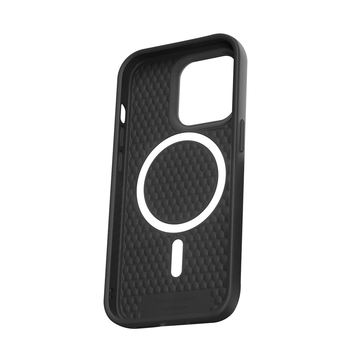 Custodia nera per telefono con motivo a nido d'ape e anello magnetico bianco.