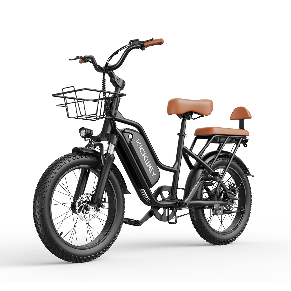 Czarny rower elektryczny z brązowymi siedzeniami, koszykiem z przodu.