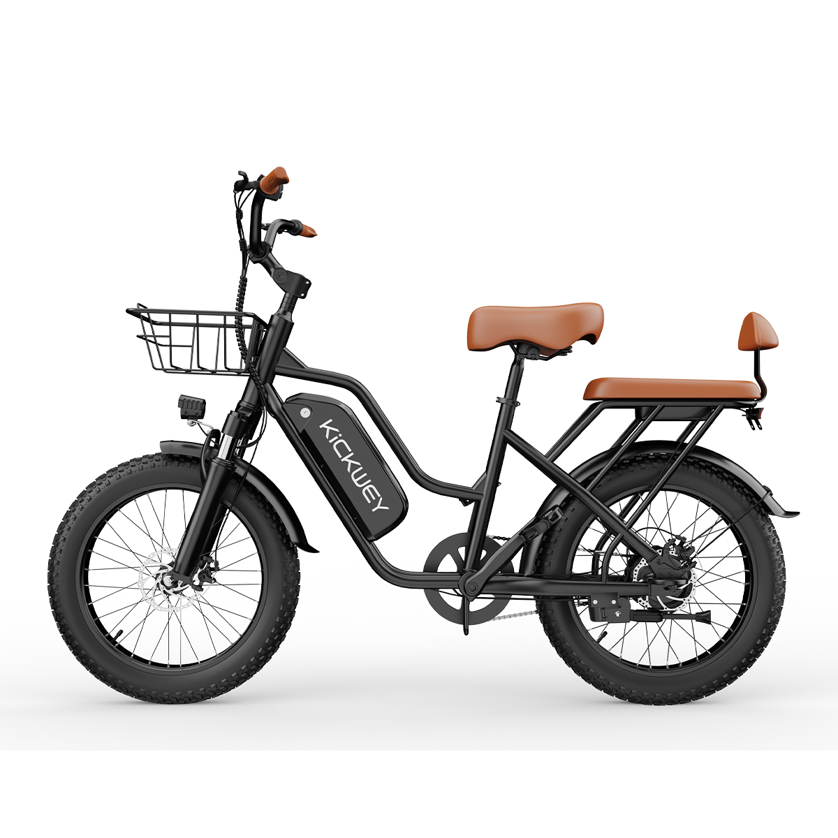 Czarny rower elektryczny z brązowymi skórzanymi siedzeniami i przednim koszykiem.