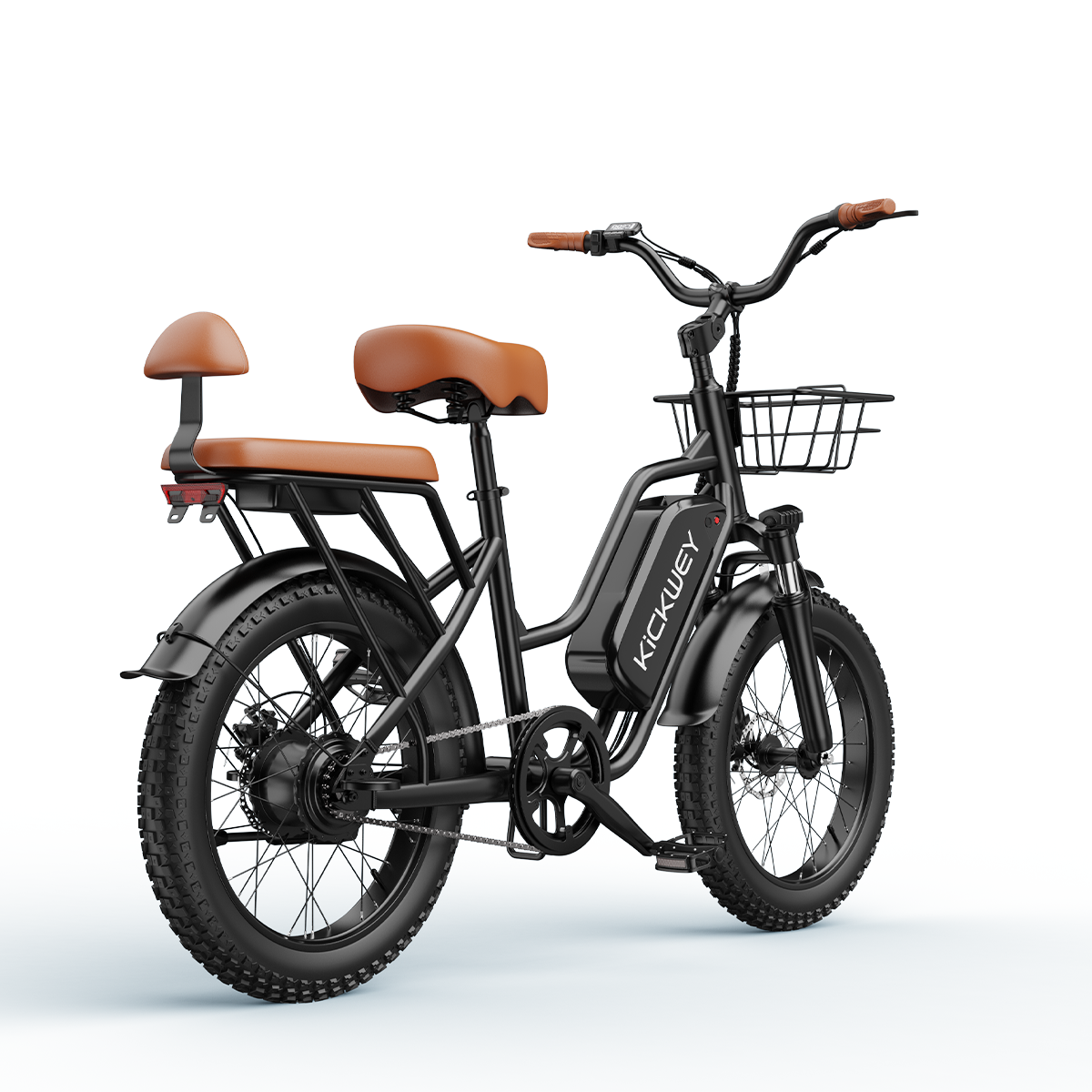 Czarny rower elektryczny z brązowymi skórzanymi siedzeniami, bagażnikiem i przednim koszykiem.