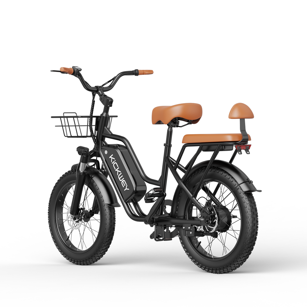 Czarny rower elektryczny z brązowymi siedzeniami, przednim koszykiem i grubymi oponami.