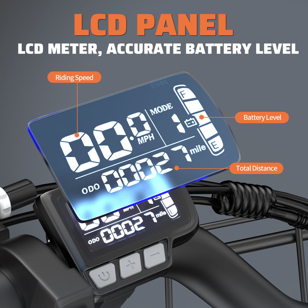 Panel LCD wyświetla prędkość, tryb, poziom baterii i całkowity dystans na rowerze.