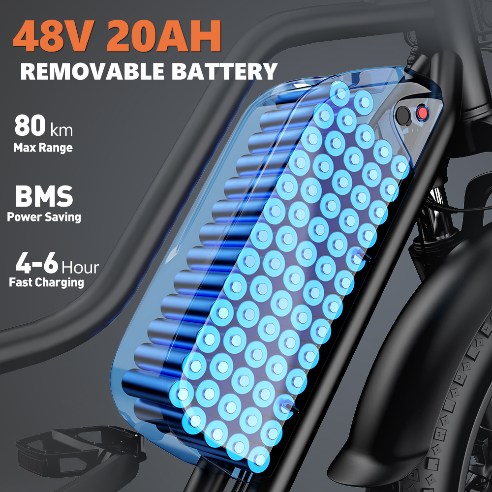 Wyjmowana bateria 48V 20AH, zasięg 80 km, BMS, ładowanie 4-6h.