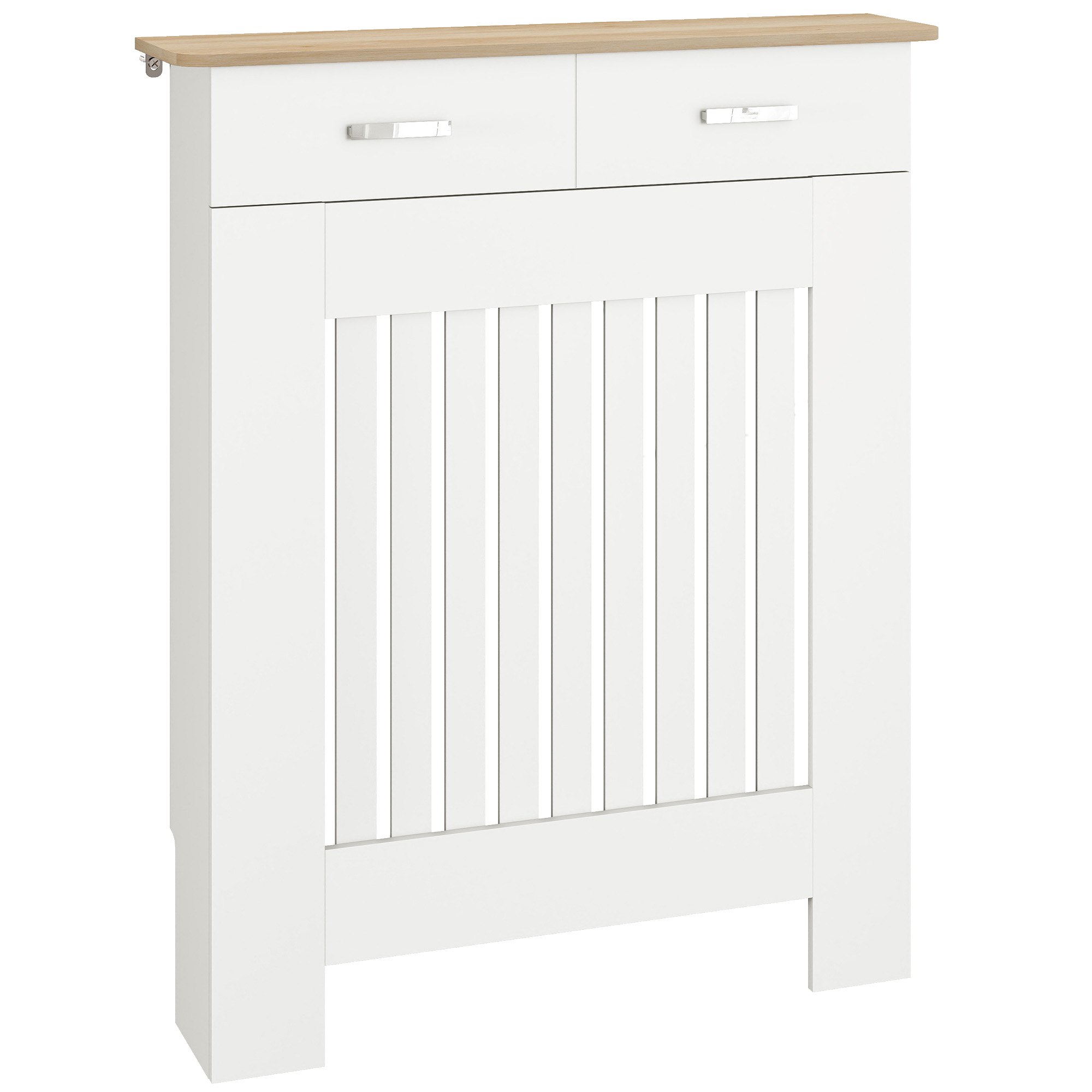 Una copertura per radiatore bianca con due cassetti e piano in legno.
