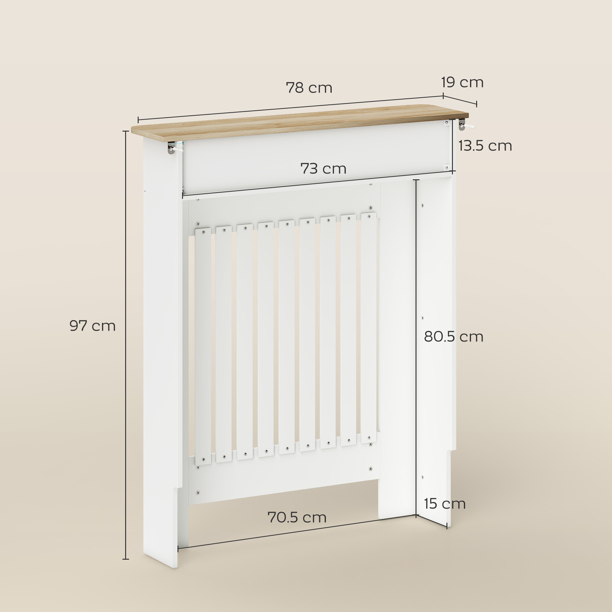 Mobile bianco con piano in legno, dimensioni indicate.