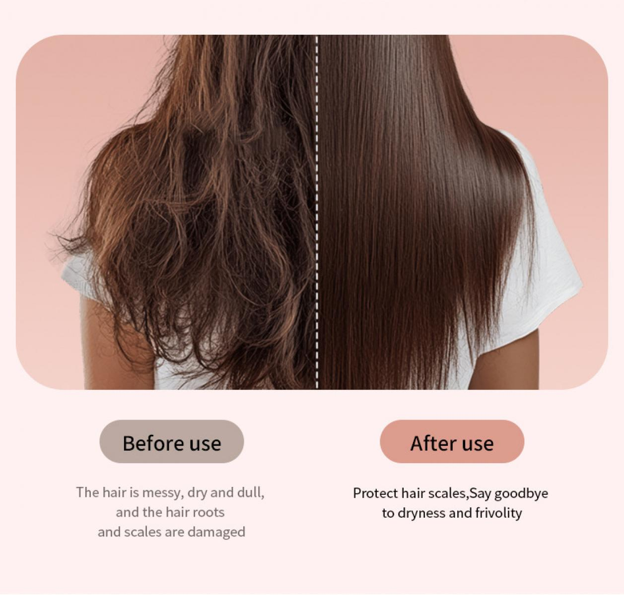 Vorher/Nachher Bild von Haaren: links trocken und unordentlich, rechts glatt und glänzend.