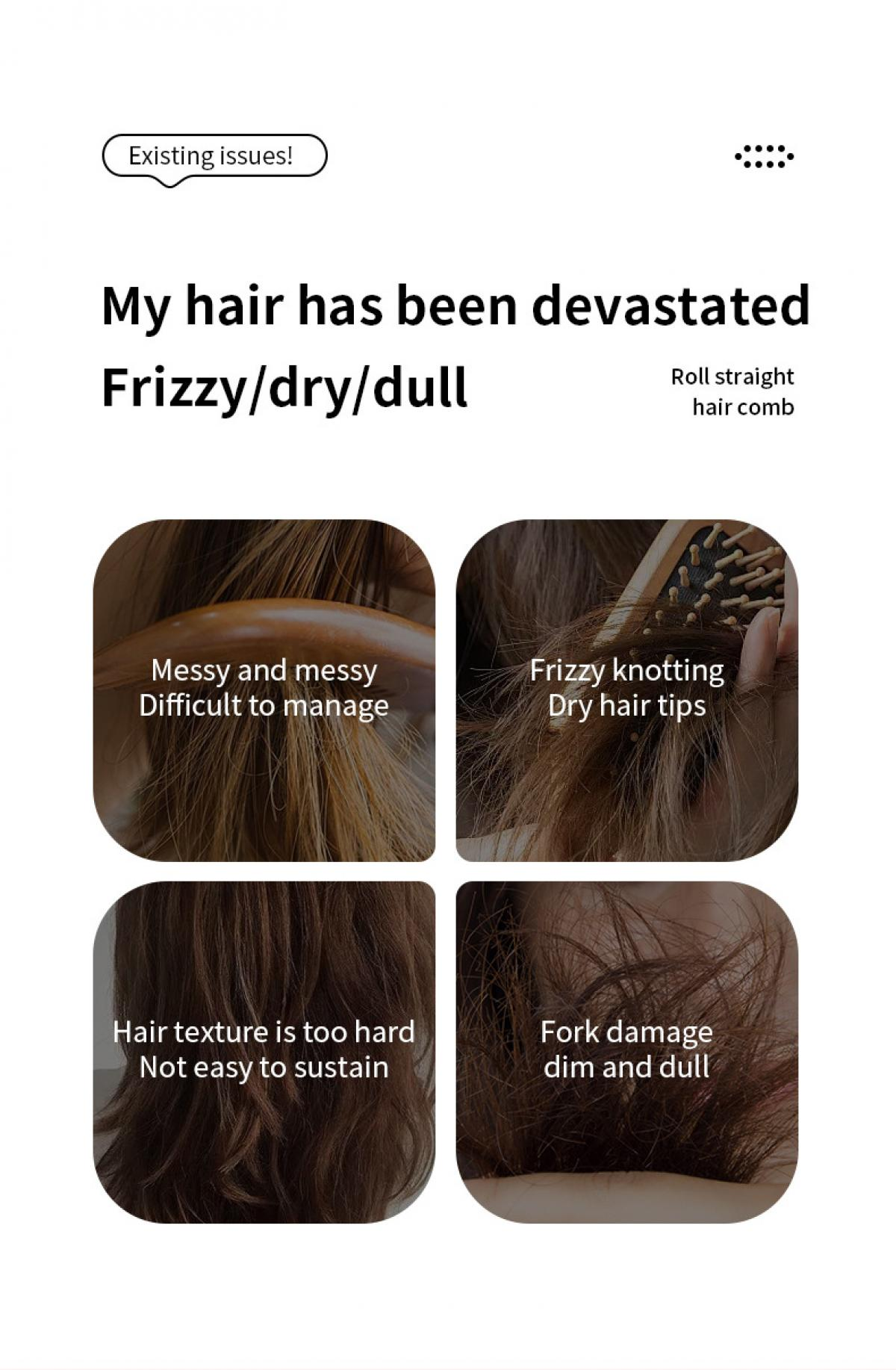 Vier Bilder zeigen verschiedene Haarprobleme: unordentlich, verknotet, hart und geschädigt.