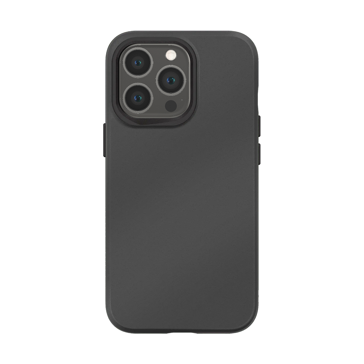 Custodia nera per telefono con ritaglio tripla fotocamera su sfondo bianco.