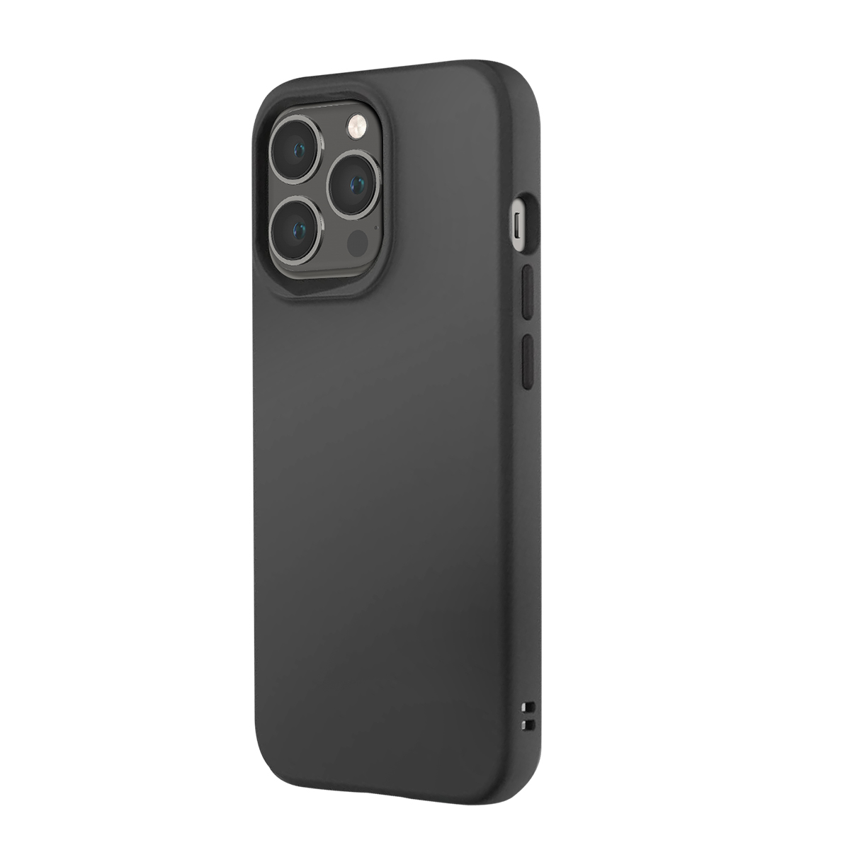 Custodia nera per telefono con ritaglio tripla fotocamera, su sfondo bianco.