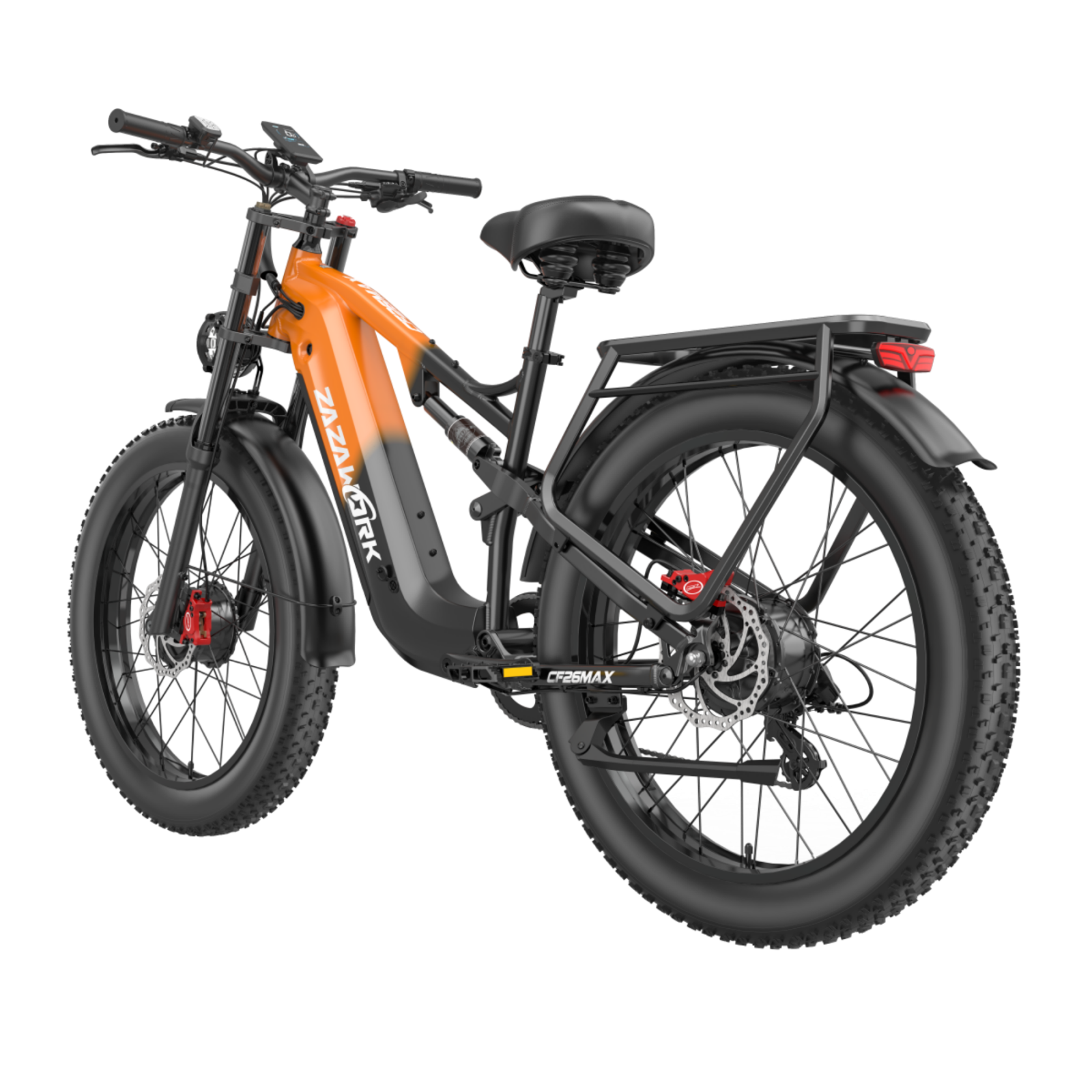 Pomarańczowo-czarny rower elektryczny z grubymi oponami, amortyzacją i bagażnikiem.