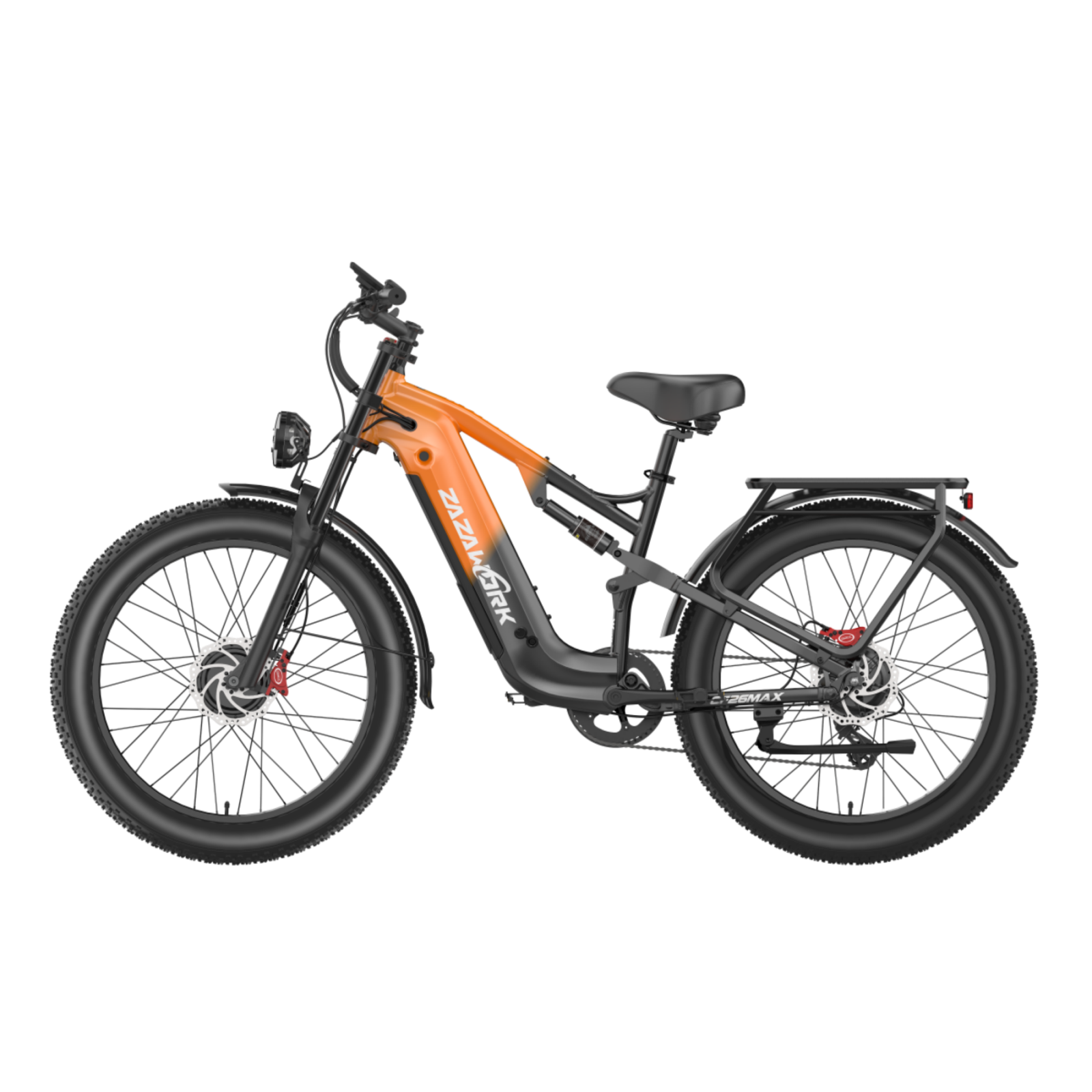 Pomarańczowo-czarny rower elektryczny z grubymi oponami, amortyzacją i bagażnikiem.