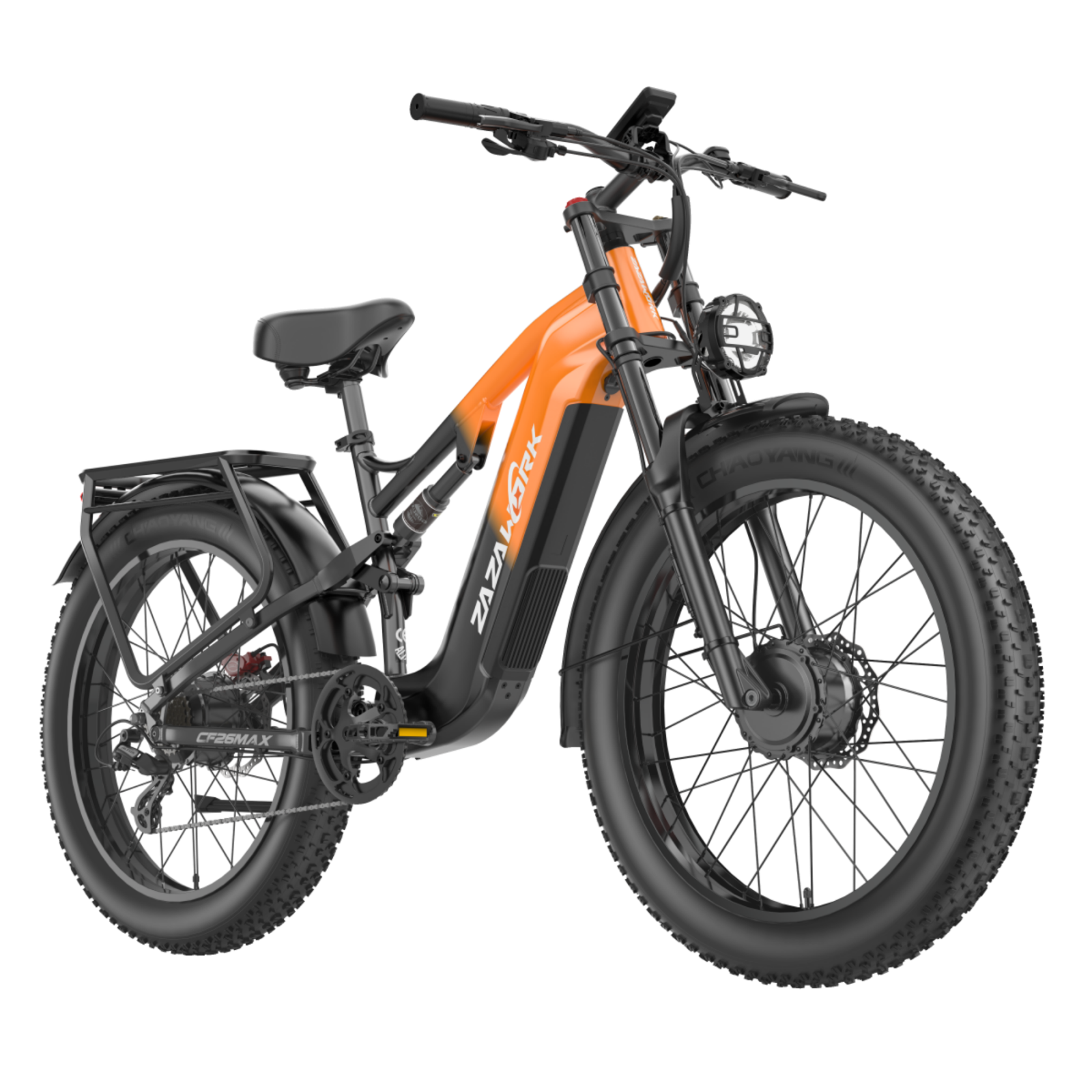 Pomarańczowo-czarny rower elektryczny z szerokimi oponami, amortyzacją i bagażnikiem.