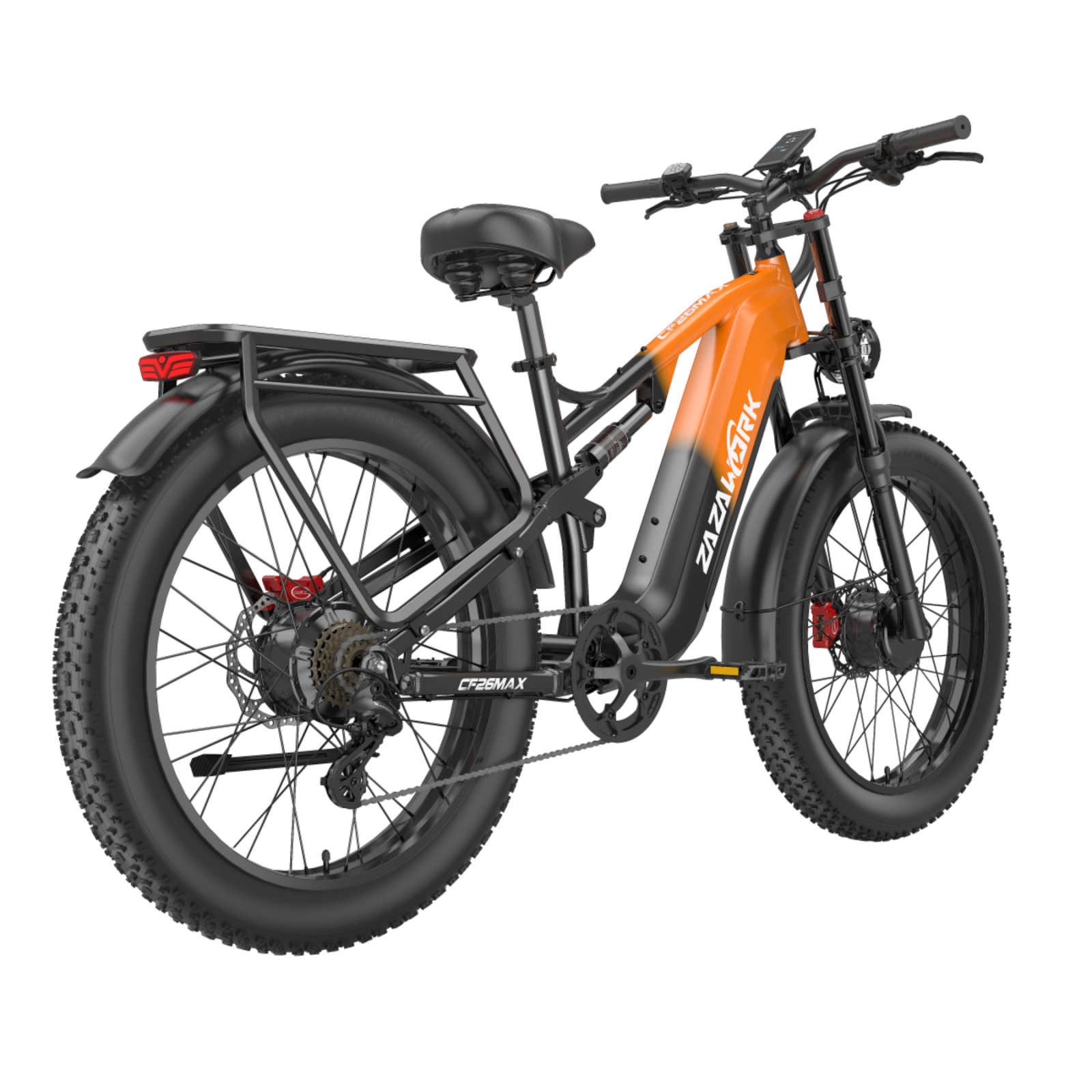 Pomarańczowo-czarny rower elektryczny z grubymi oponami i bagażnikiem.
