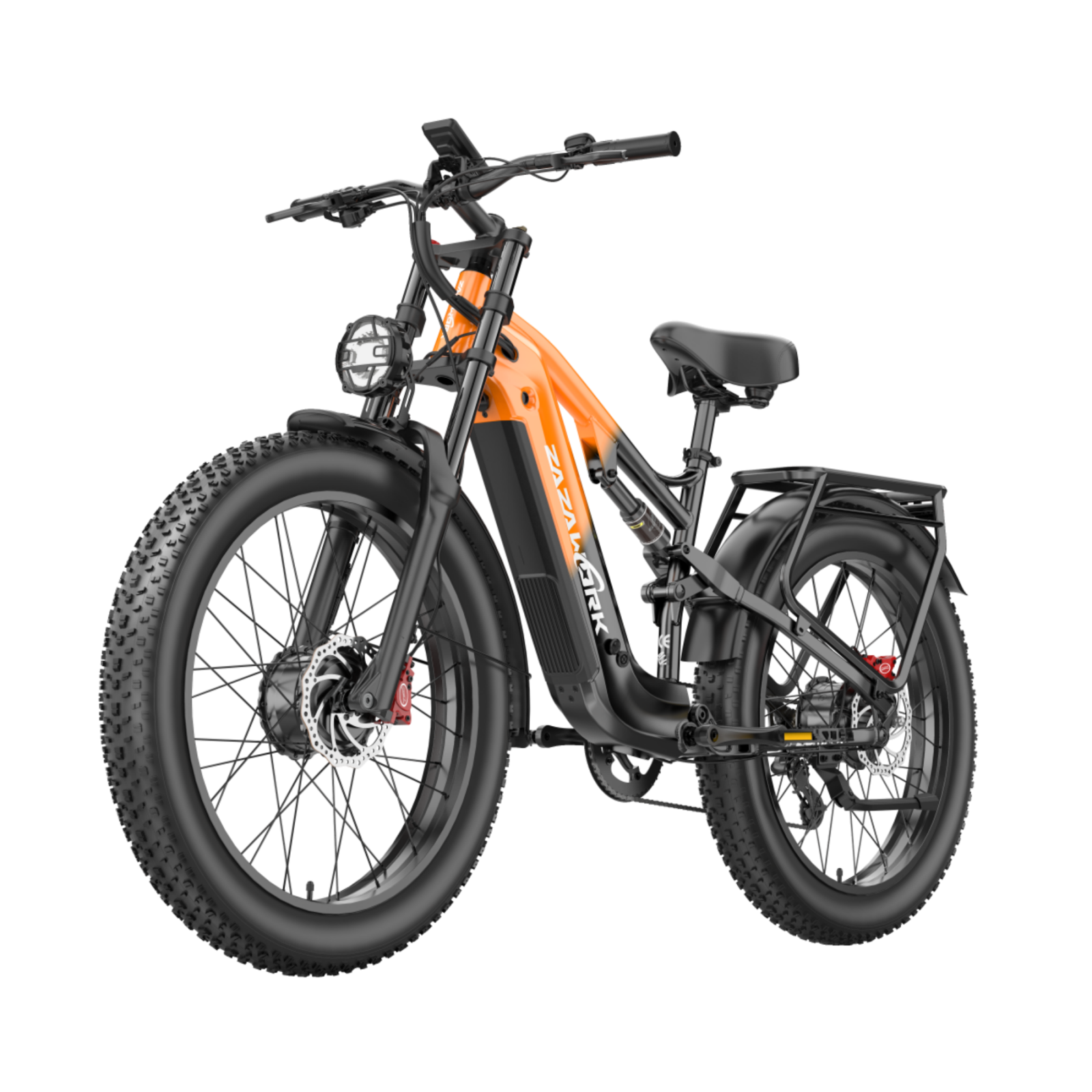 Pomarańczowy elektryczny rower fatbike z czarną ramą, siedzeniem i bagażnikiem na czarnym tle.