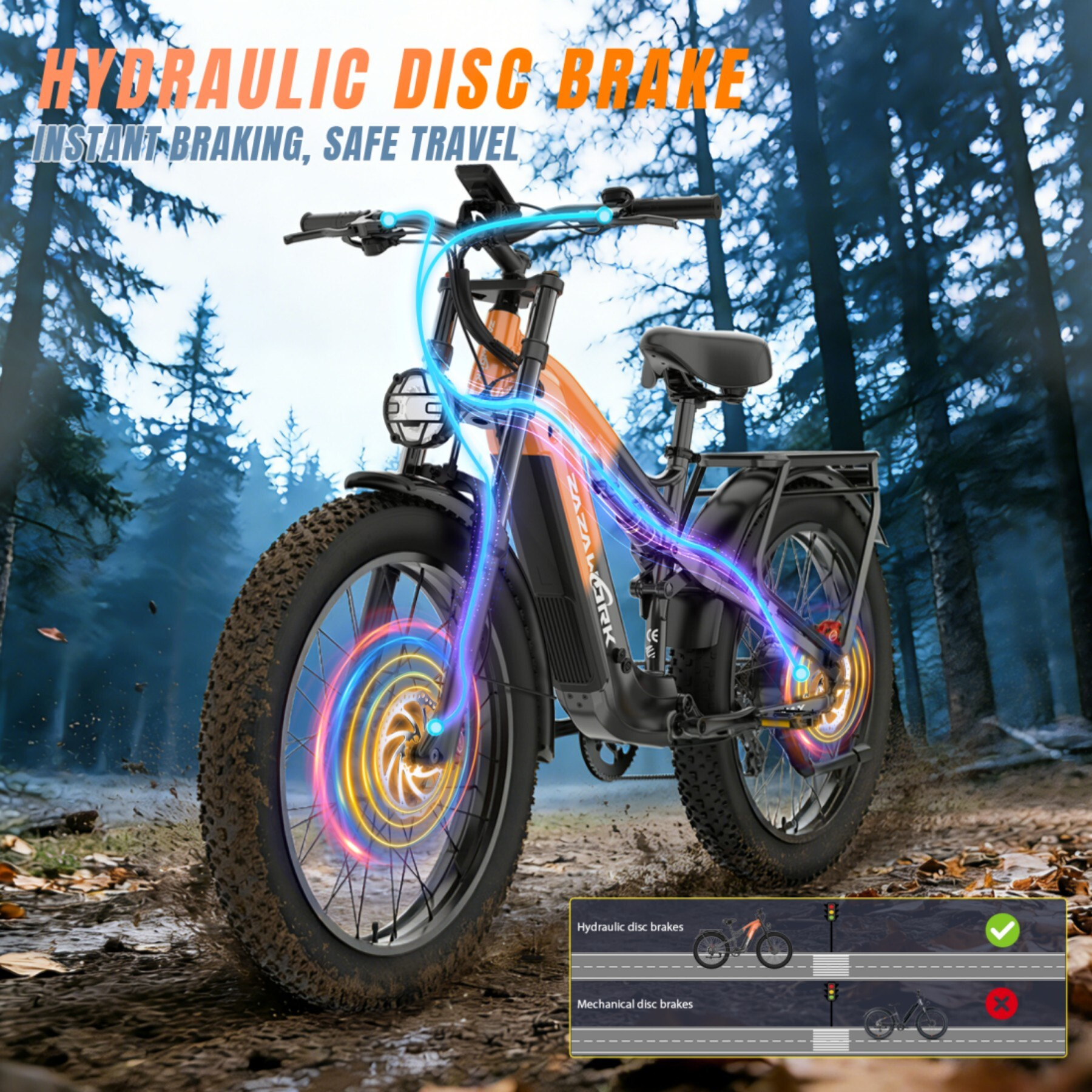 Pomarańczowy rower elektryczny z grubymi oponami w lesie, ze świecącymi niebieskimi liniami.