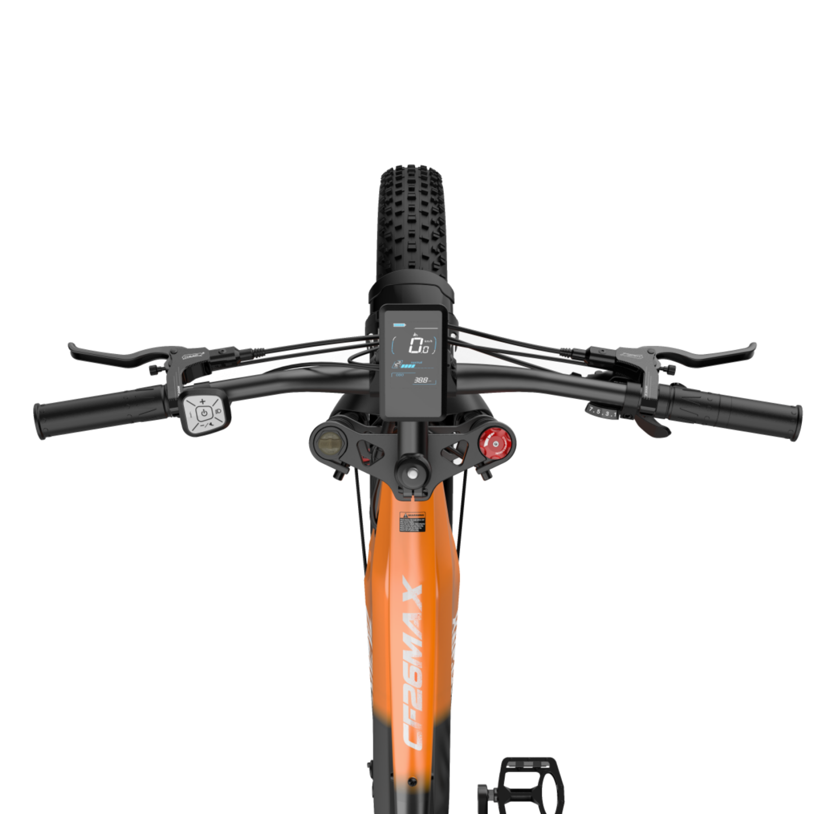 Widok z góry pomarańczowego roweru elektrycznego z czarną kierownicą i wyświetlaczem.