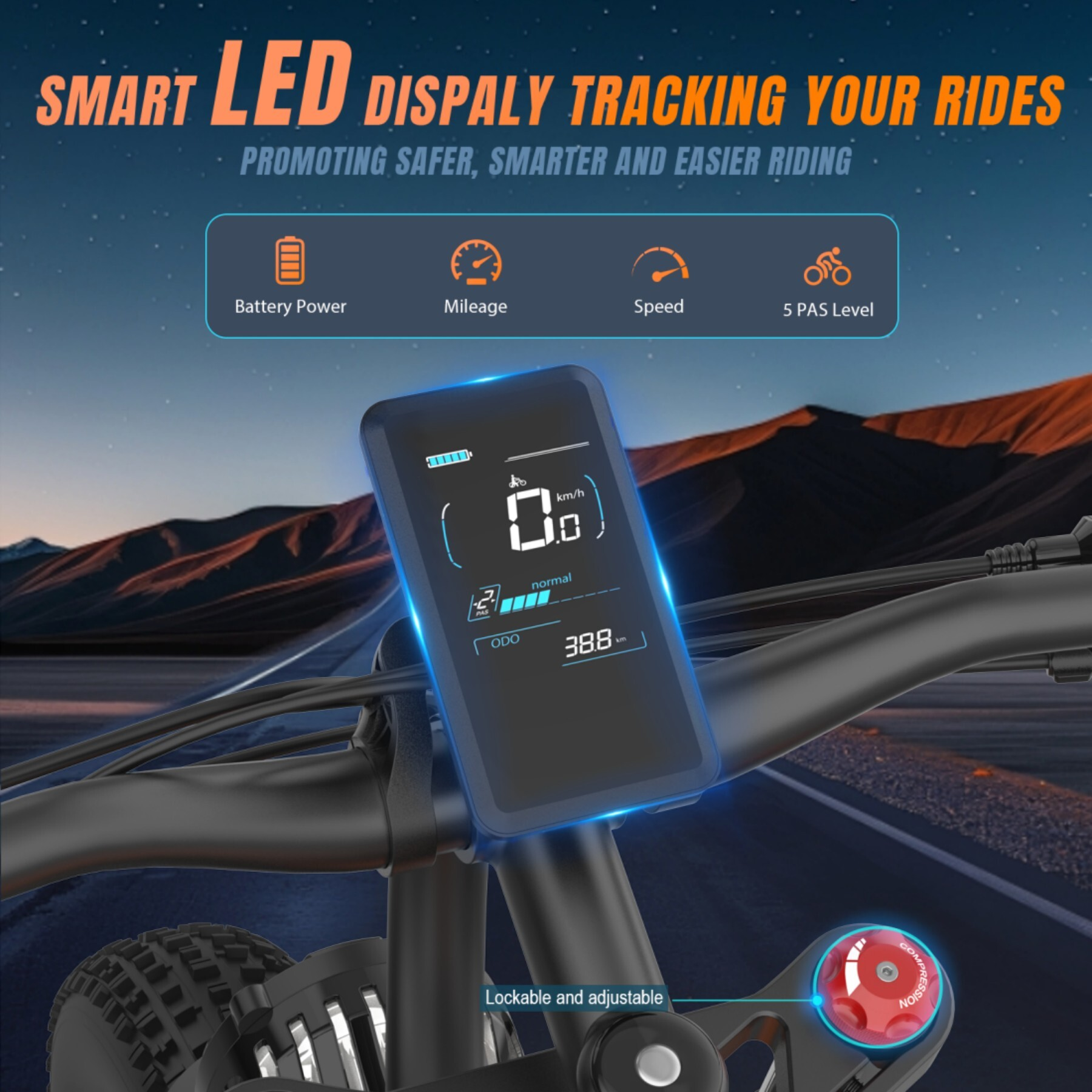 Wyświetlacz roweru elektrycznego pokazuje baterię, prędkość, dystans i 5 poziomów PAS. Tło górskie.