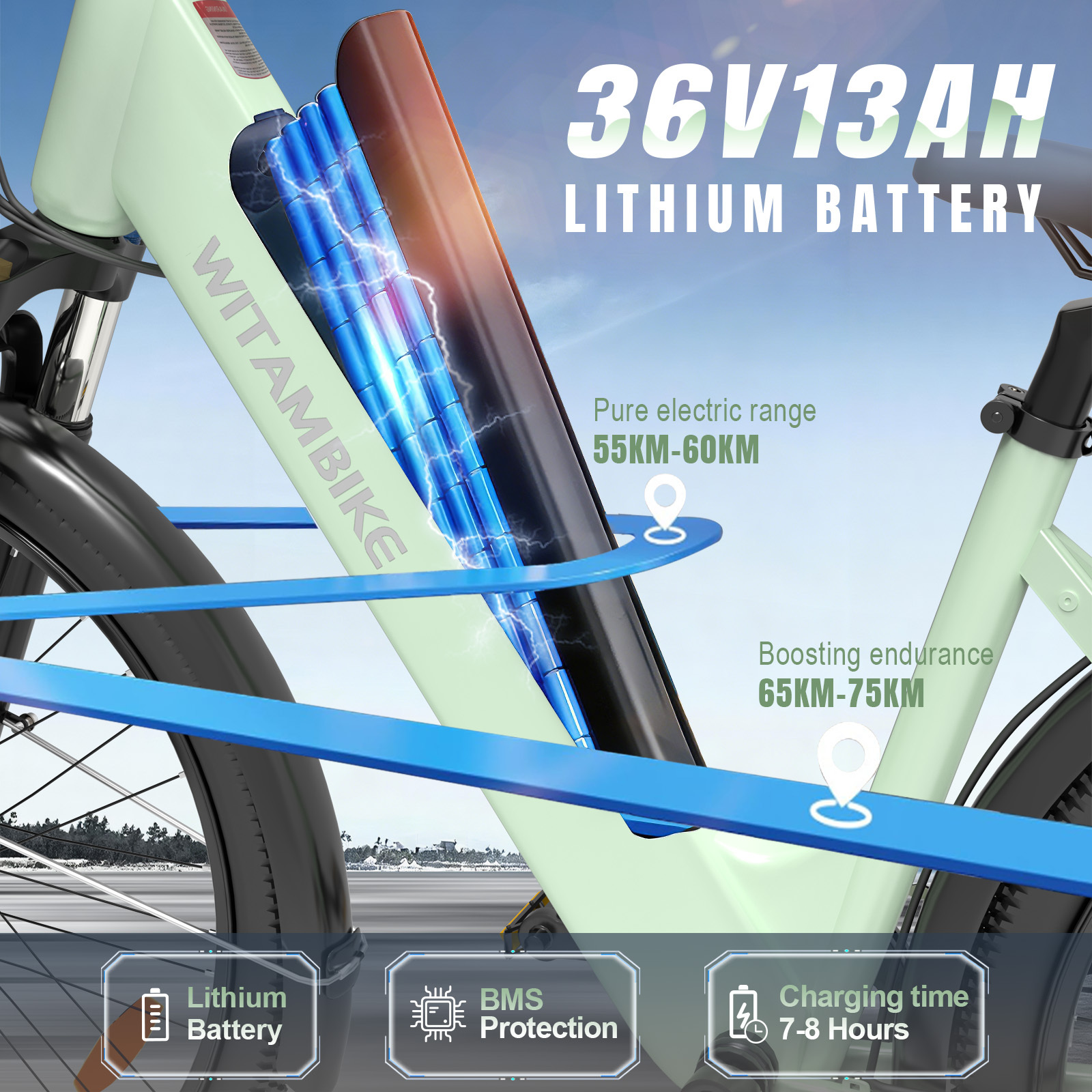 Bateria e-bike 36V 13AH, zasięg 55-75 km, czas ładowania 7-8h.