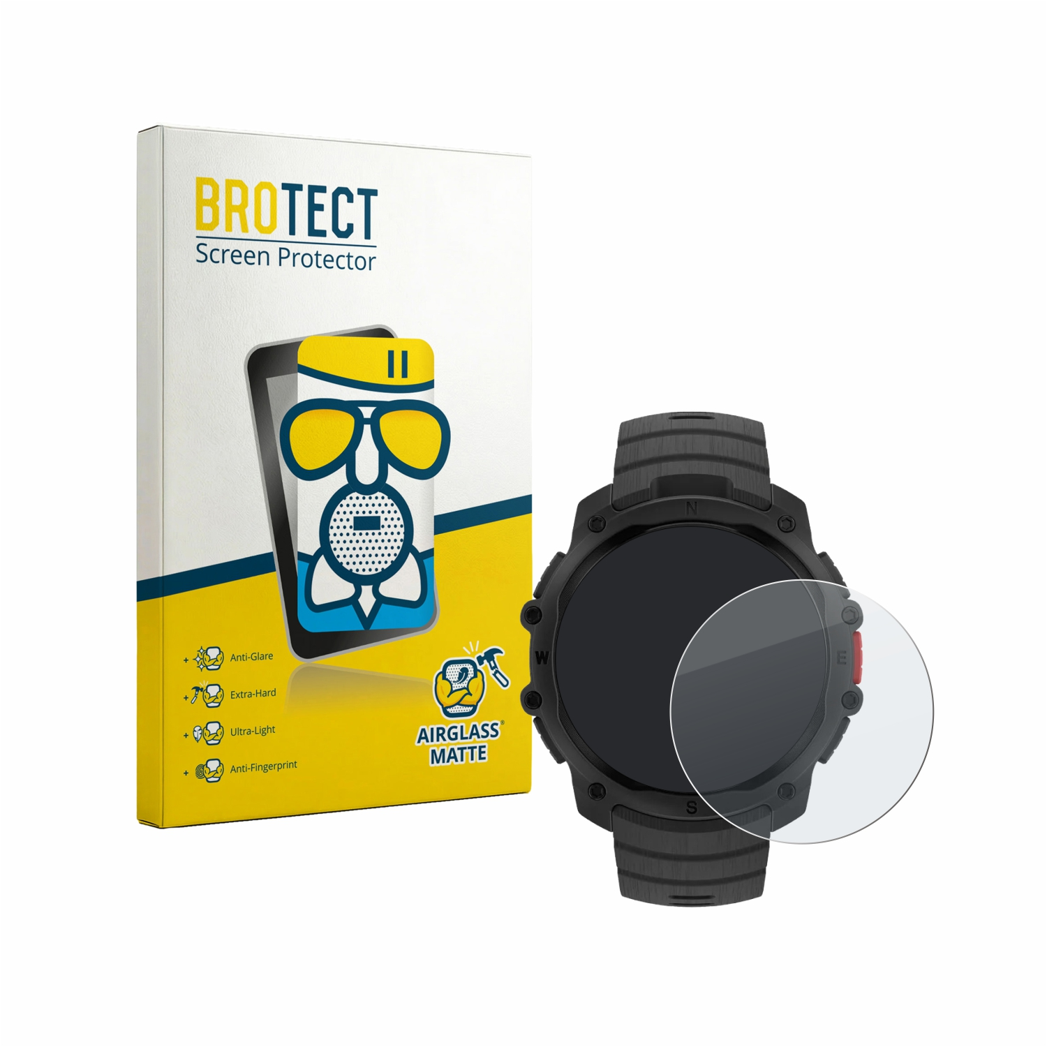 Protective film packshot with a smartwatch. Matte screen protector.