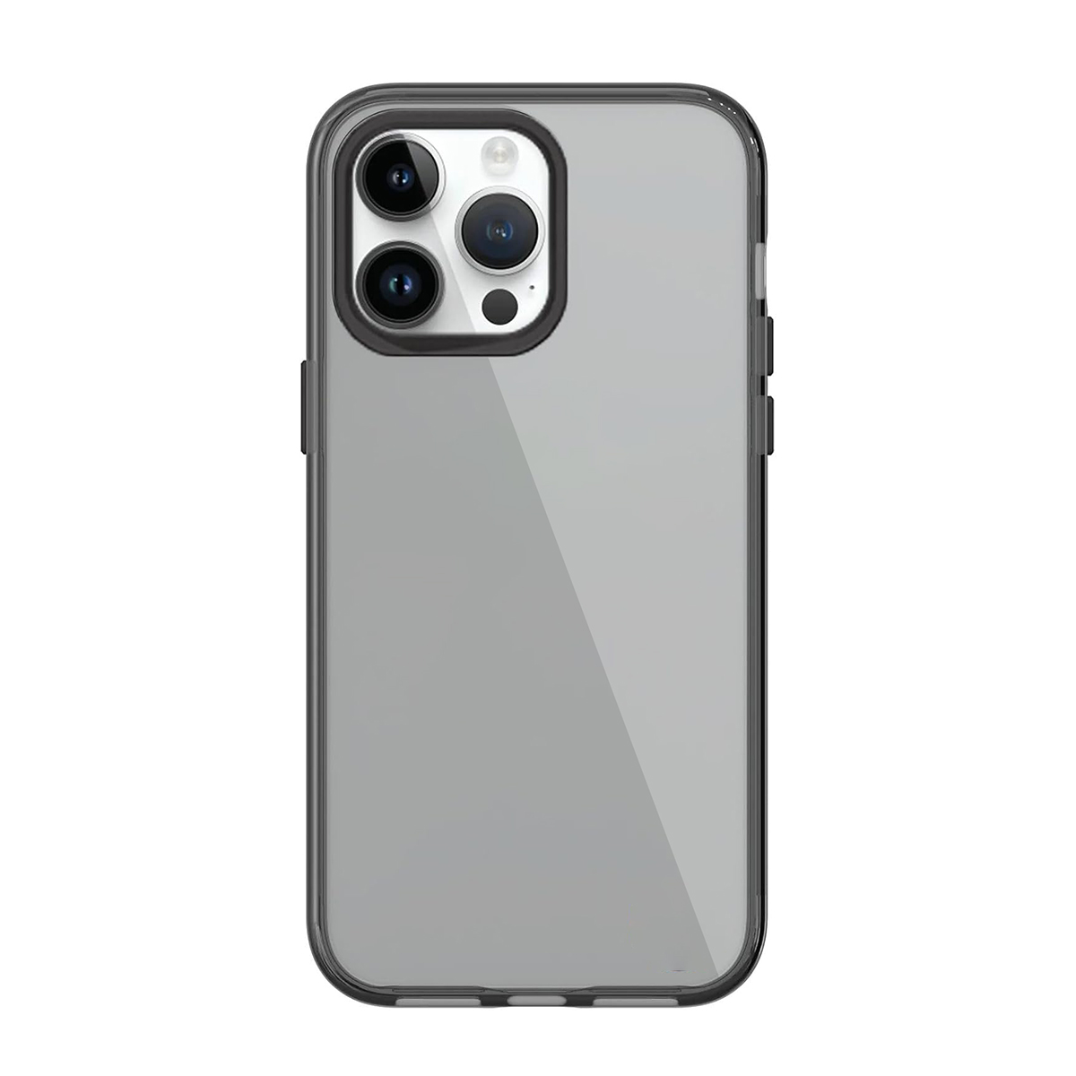 Téléphone gris avec module caméra et cadre noir, sur fond blanc.