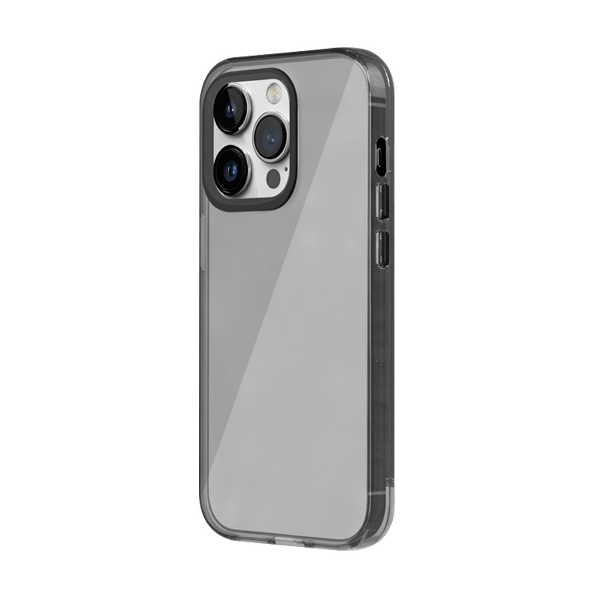 Coque de téléphone grise avec trois appareils photo sur fond blanc.