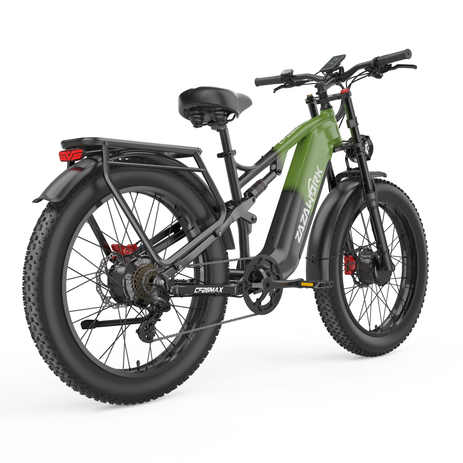 Zielony rower elektryczny z grubymi oponami i bagażnikiem, na czarnym tle.