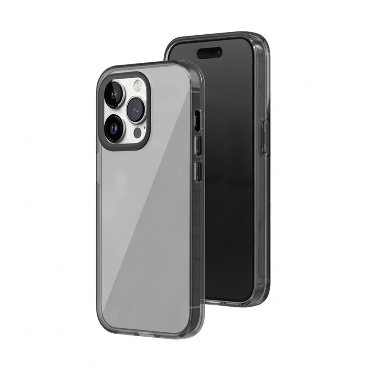 Une coque de téléphone gris fumé devant un téléphone noir.