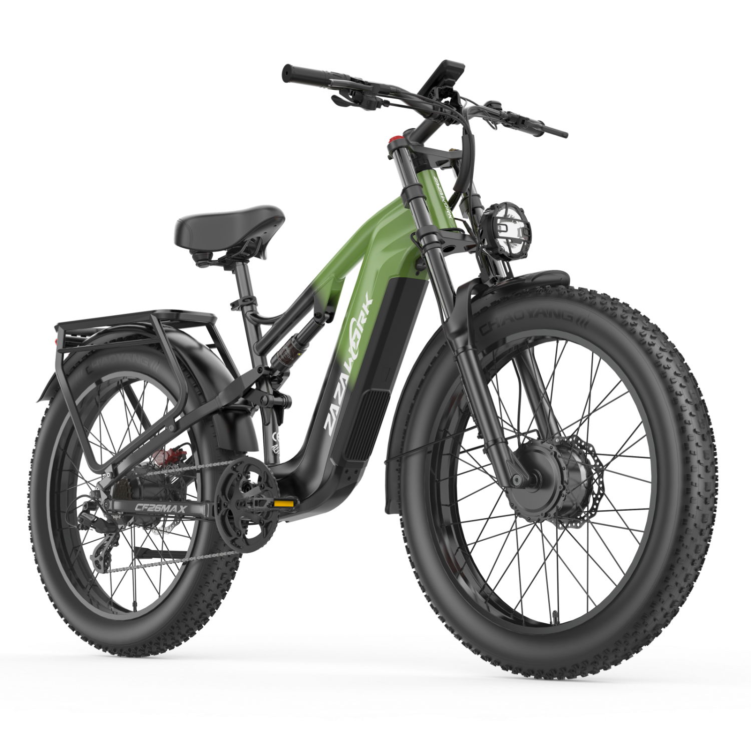 Zielony rower elektryczny fatbike z amortyzacją, przednim światłem i bagażnikiem.