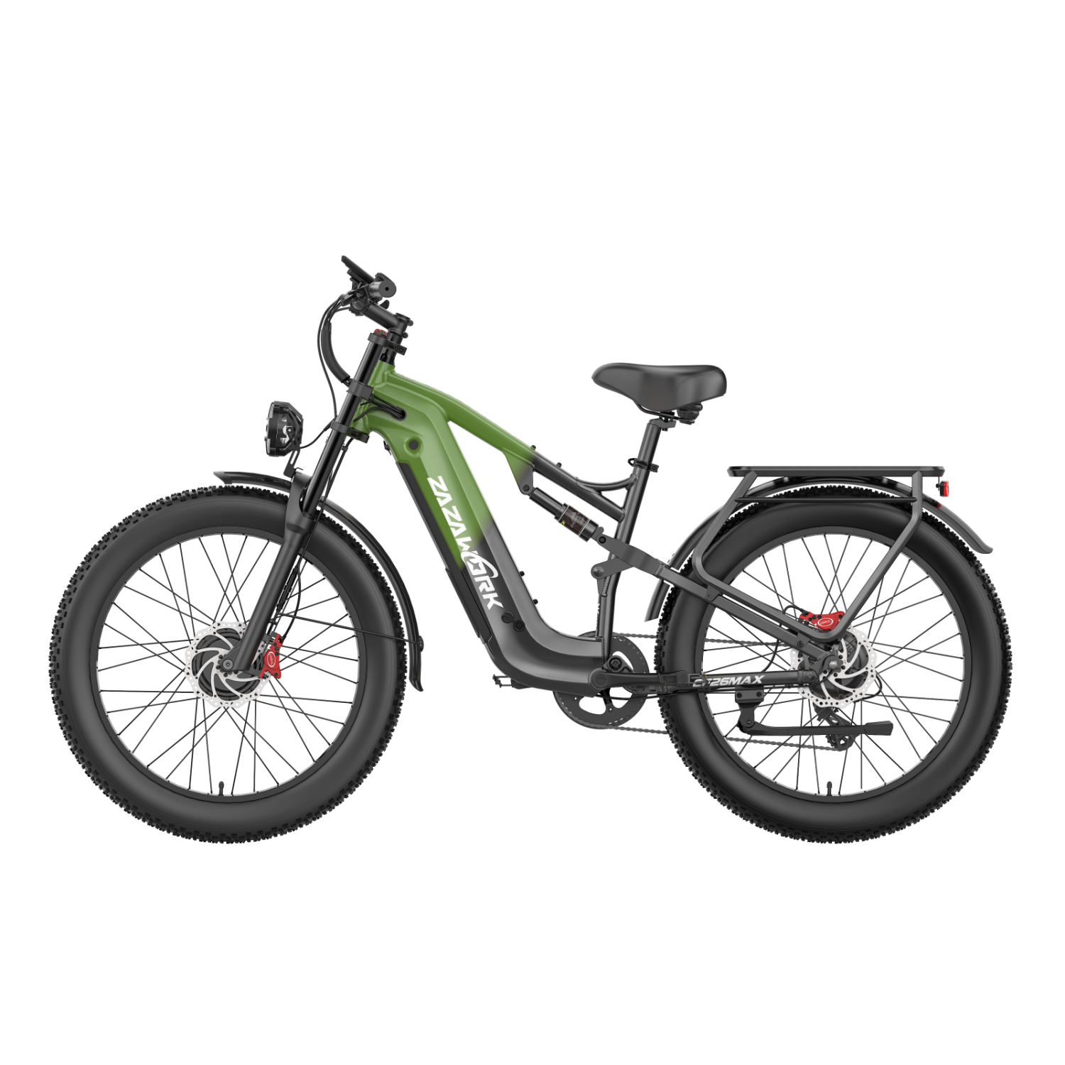 Zielony rower elektryczny z grubymi oponami i bagażnikiem na czarnym tle.