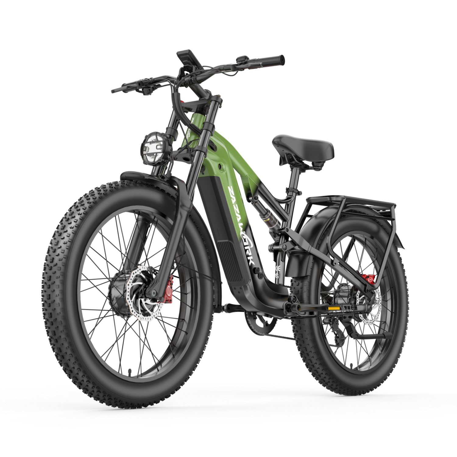 Zielony rower elektryczny z grubymi oponami, amortyzacją i bagażnikiem na czarnym tle.