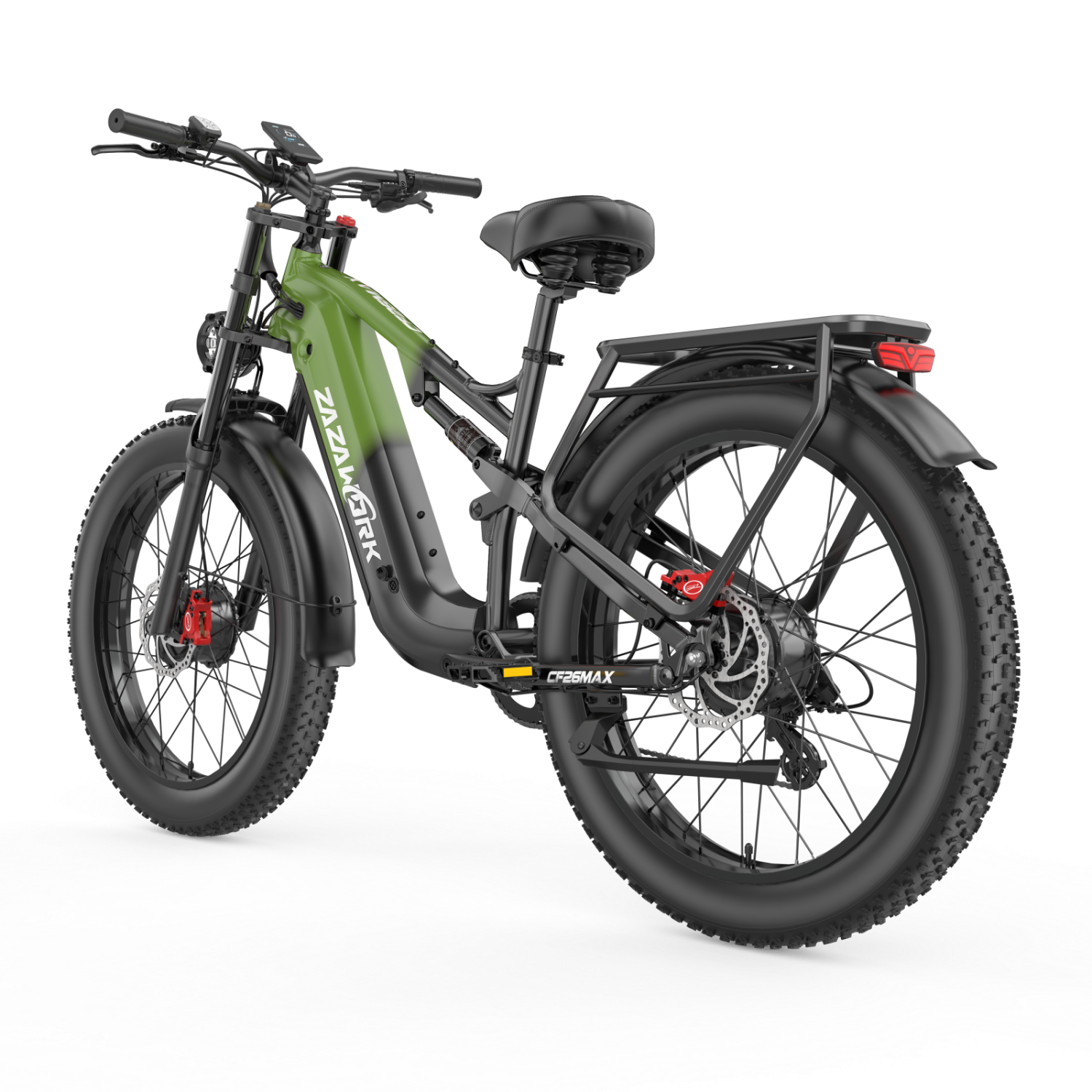 Zielony rower elektryczny z szerokimi oponami, bagażnikiem i amortyzacją na czarnym tle.